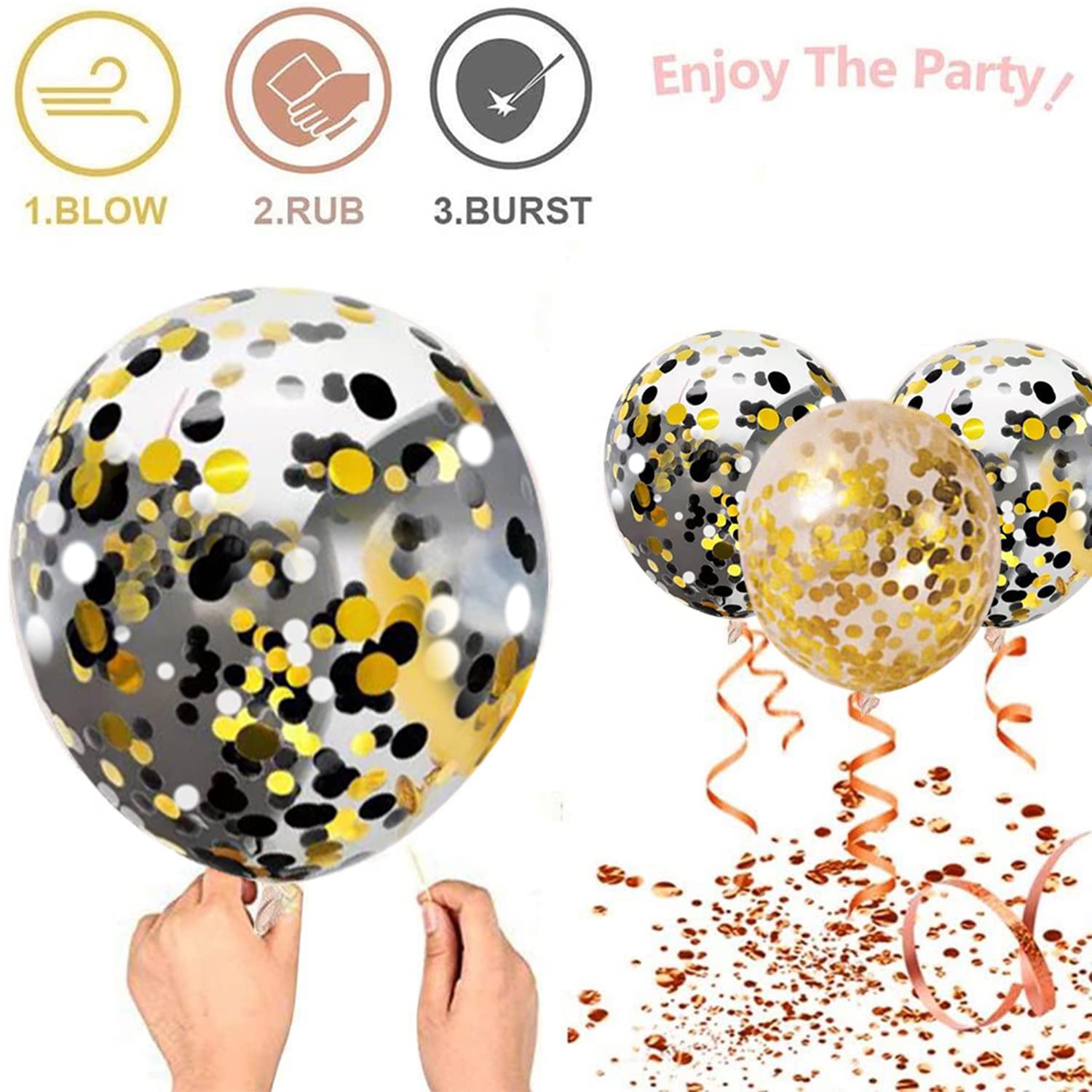 Zesliwy Black Gold Confetti Balloons 50 pack - 12 Inch Gold White and Black Confetti Balloons with Ribbons for Graduation Birthday Wedding Party 2025 New Years Decorations…