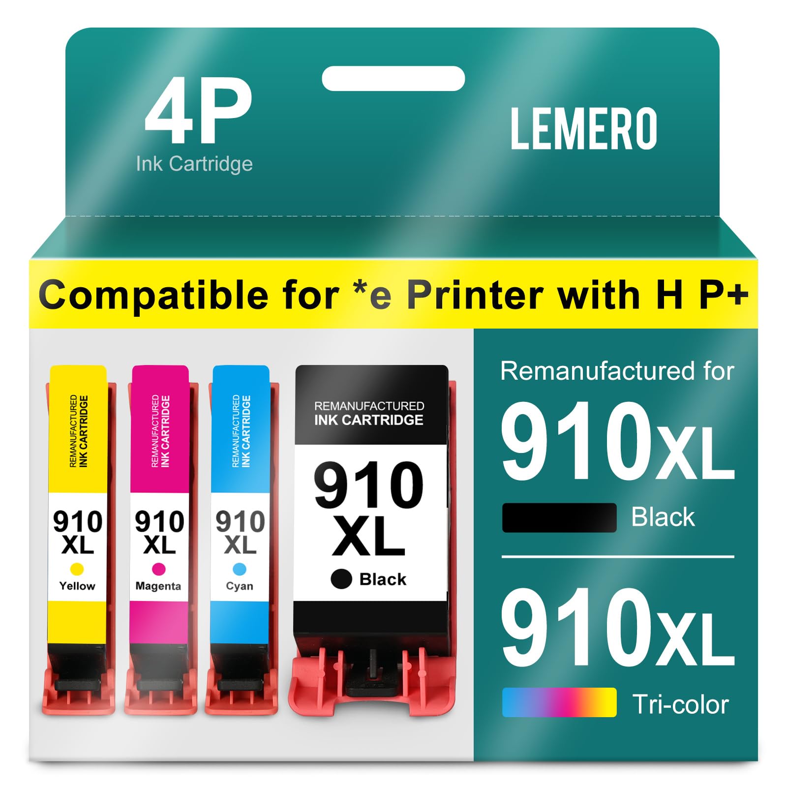 LEMERO 910XL Ink Cartridges Combo Pack Replacement for HP 910 910XL Ink Work for HP OfficeJet 8012e 8014e 8015e 8010e 8022e OfficeJet Pro 8025e 8020e 8028e 8034e 8035e 8020, 4-Pack