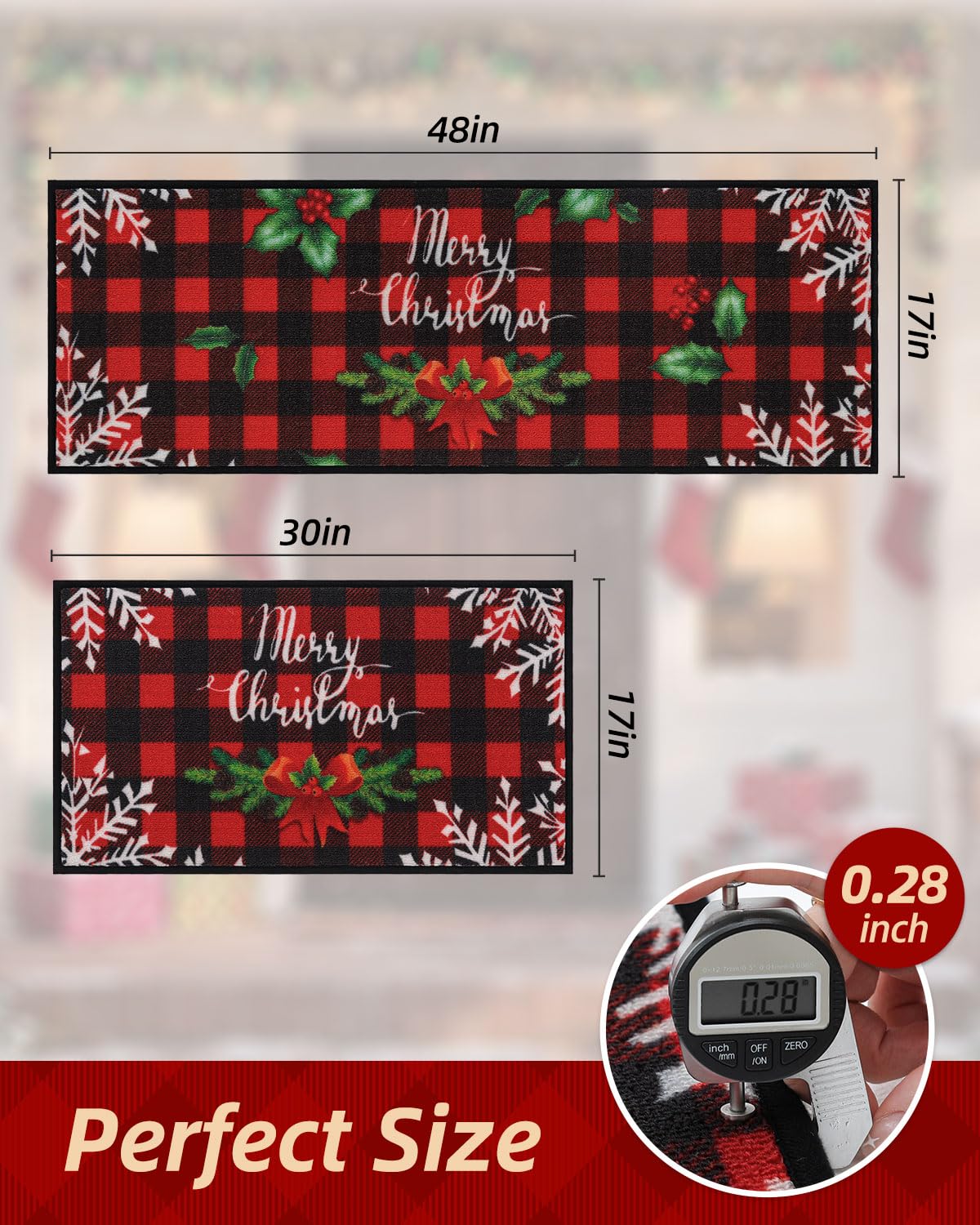 JSEI Christmas Kitchen Mats for Floor Set of 2, Red Buffalo Plaid Non-Slip Kitchen Rugs Merry Christmas Bow Tree Snowflake, Kitchen Floor Mat Washable Christmas Rug for Kitchen Decor, 17"x30"+17"x48"