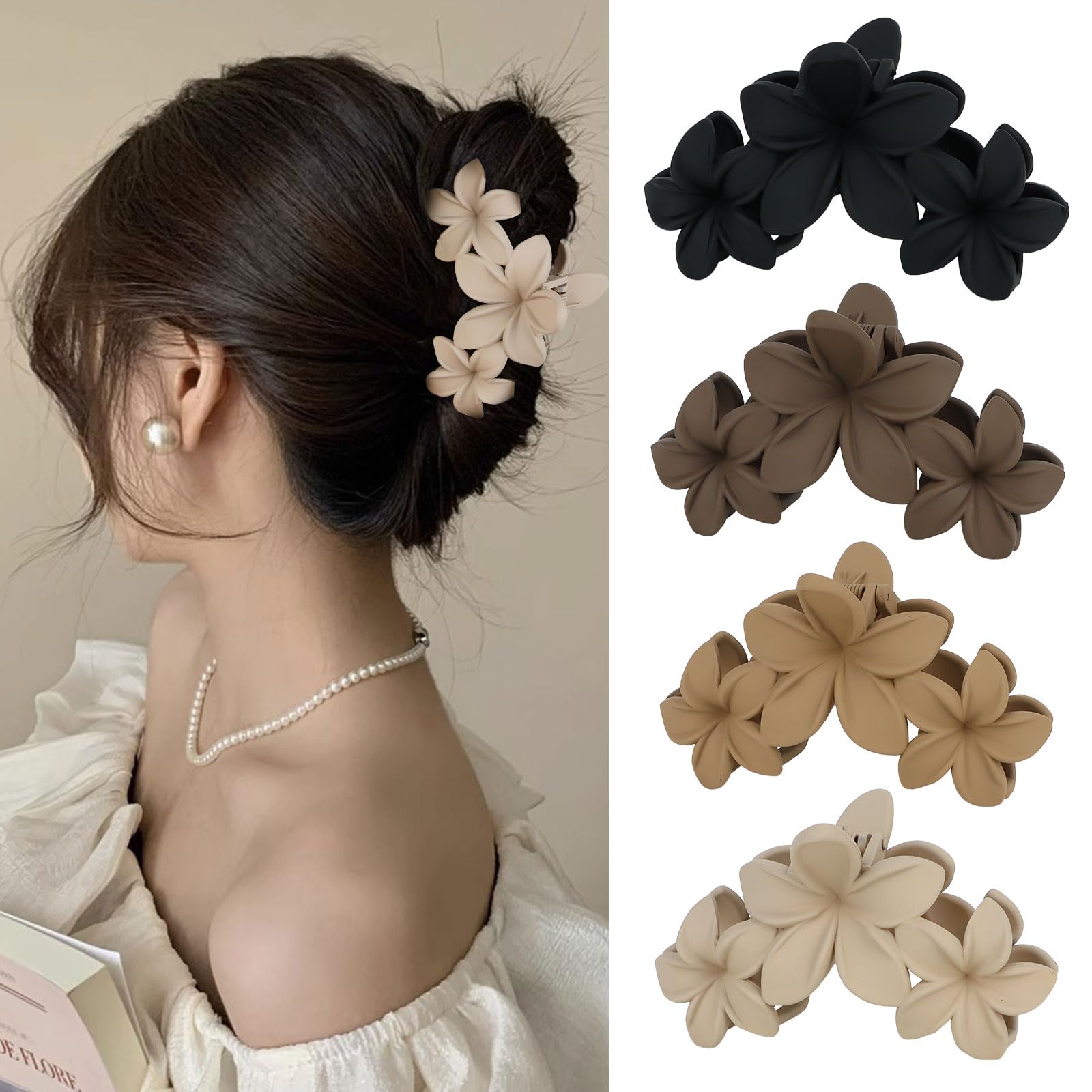 ANBALA 4PCS Hawaiian Plumeria Flower Hair Clips - Large Non-Slip Matte Claw Clips for Women, Strong Hold Beach Hair Accessories