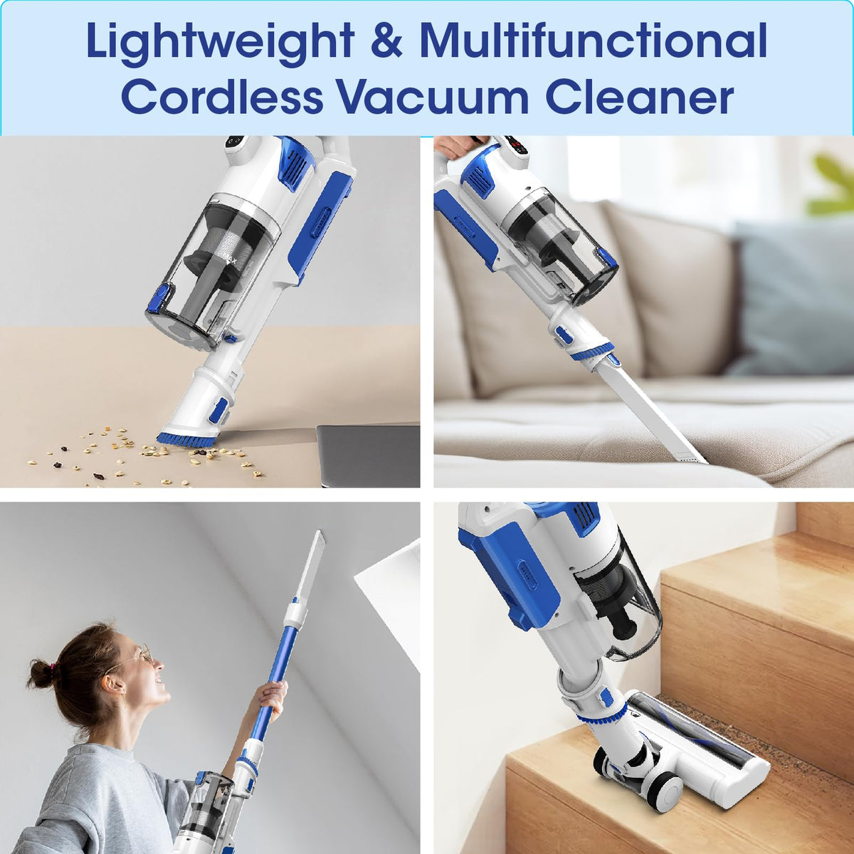 AYONTIN Cordless Vacuum Cleaner, Brushless Motor Powerful Suction Stick Vacuum, LED Display, with 2500 mAh Detachable Battery, 45 Mins Runtime Vacuum Cleaners for Home/Pet Hair/Hardwood/Carpets, Blue