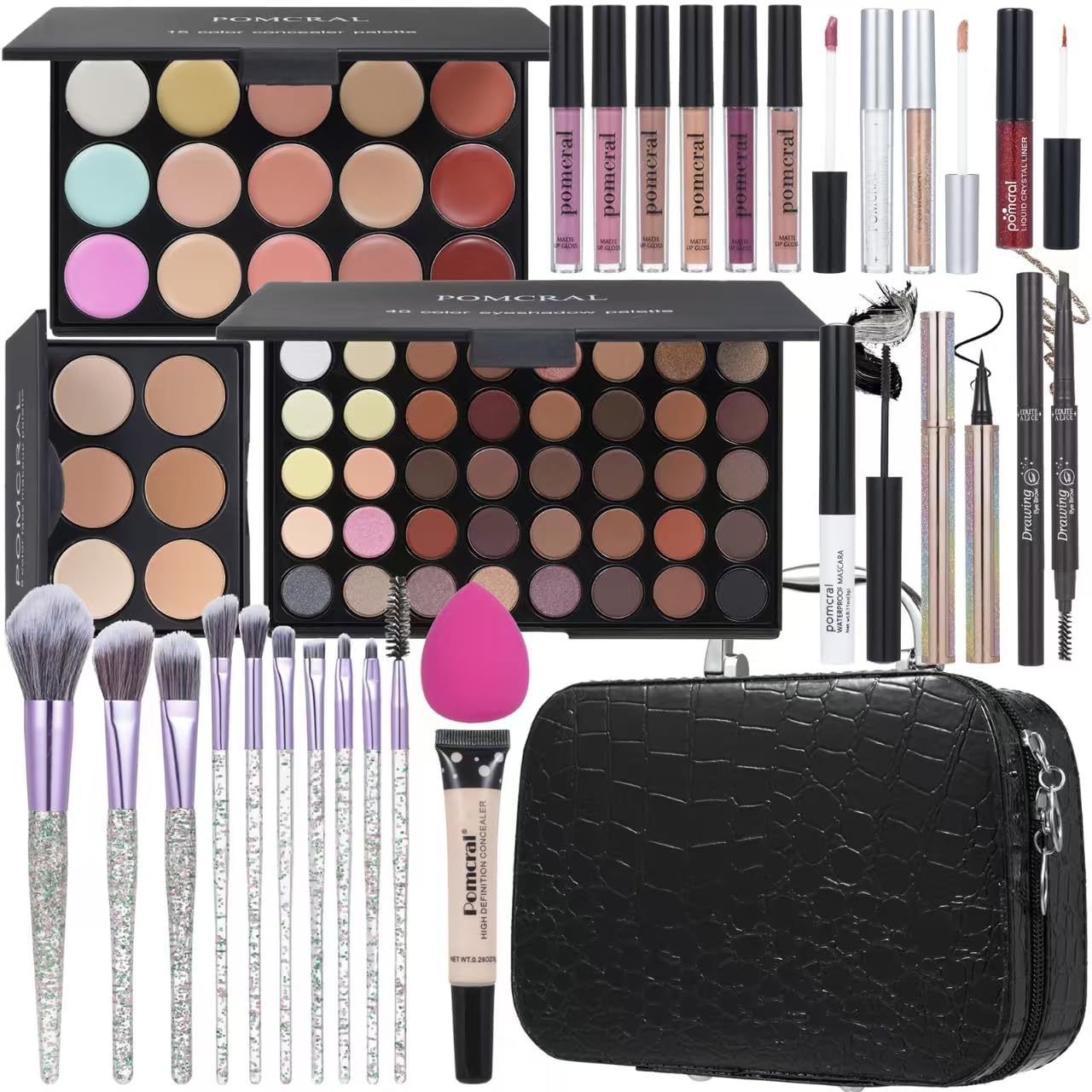 All In One Makeup Kit,Full Makeup Set For Wonmen Includes 40 Colors Eyeshadow Palette Lip Gloss Liquid Lipstick Make up Sponge Brushes Eyebrow Concealer With Makeup Bag