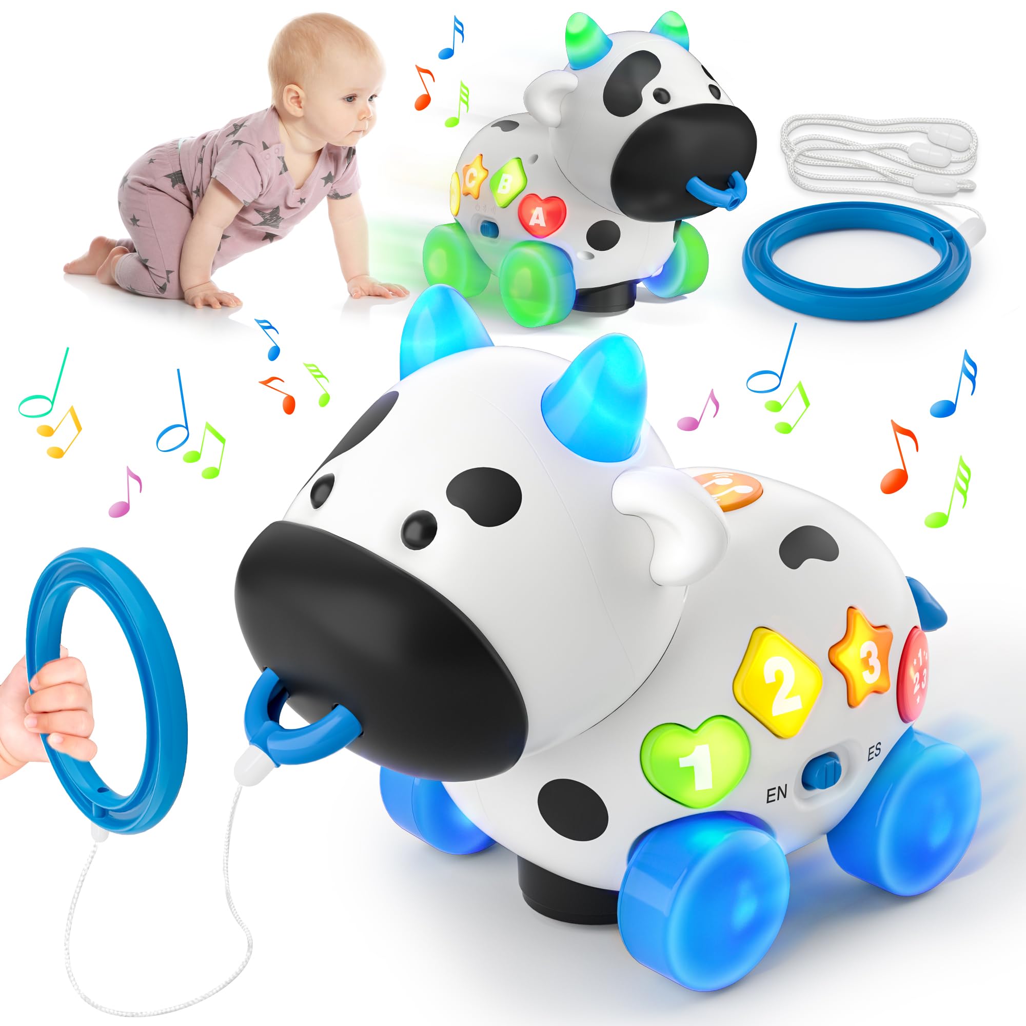 Toddler Toys for 1+ Year Old Boy Girl Gifts, Blingual Musical Cow Baby Toy 6-12-18 Months, Educational Learning Toys for Toddlers 1-3, 1st Birthday