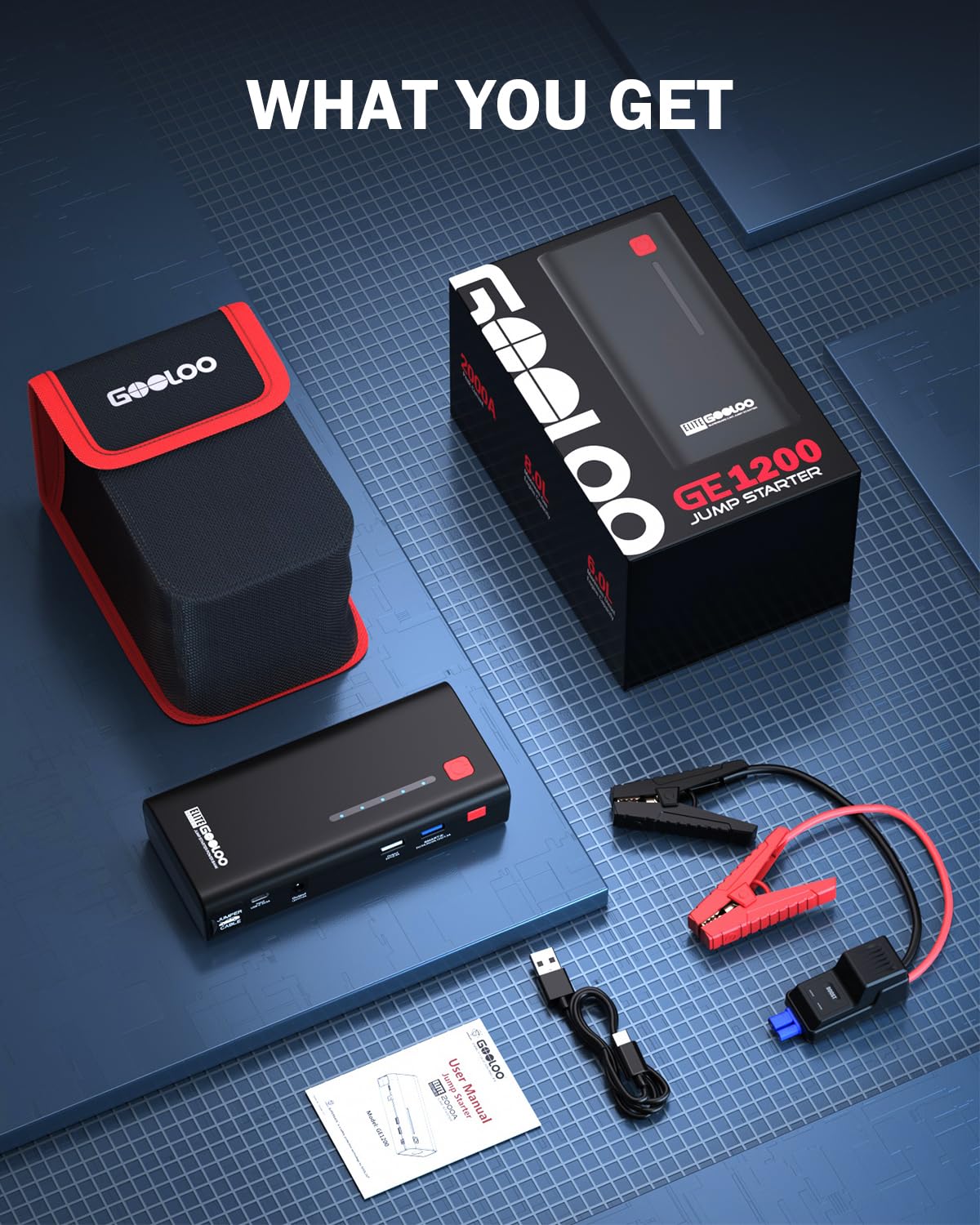 GOOLOO Jump Starter 2000A Peak Car Jumper Starter 12V SuperSafe Lithium Jump Box, Battery Booster Pack, Portable Car Battery Charger, and Jumper Cables for Up to 8.0L Gas or 6.0L Diesel Engine