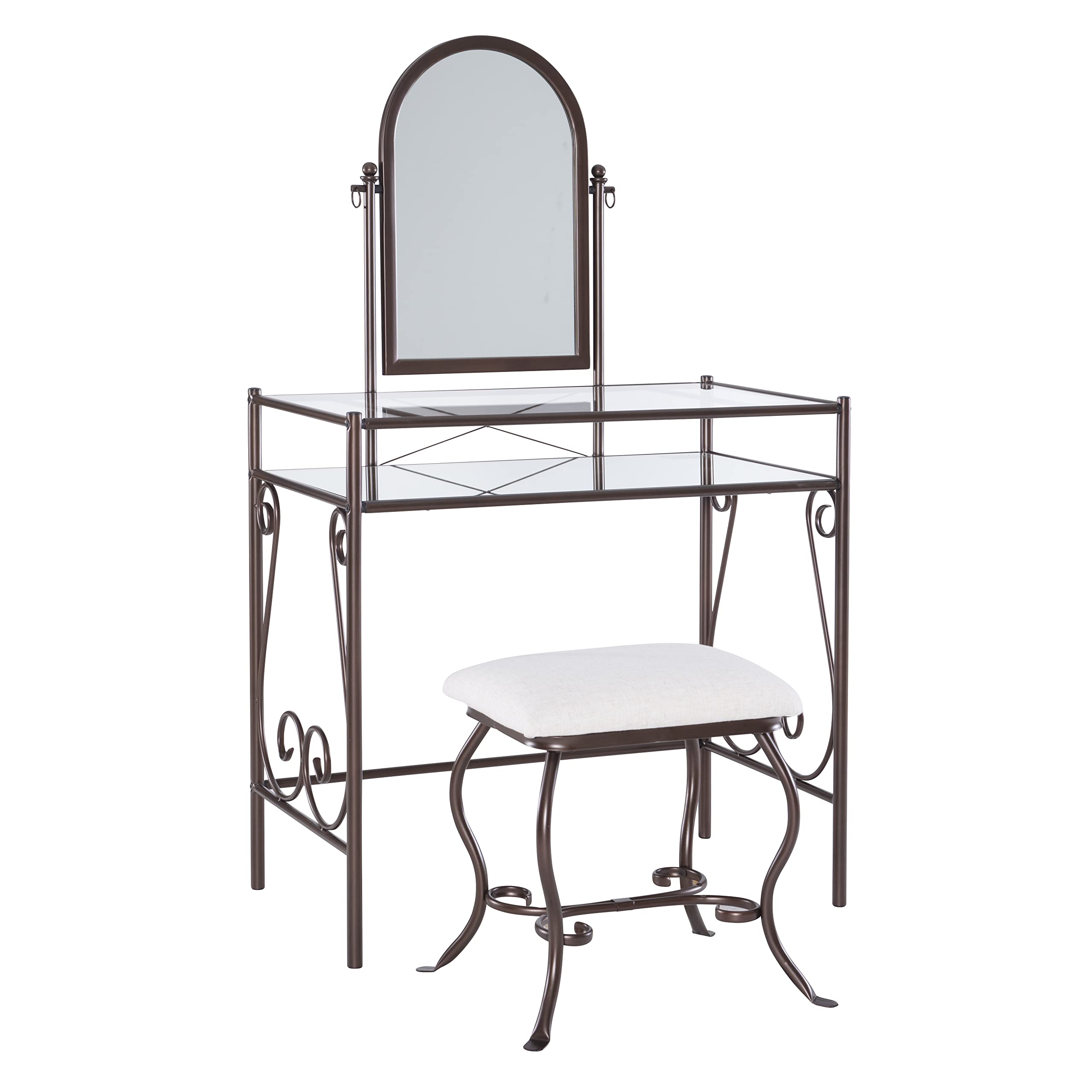 Linon Dark Metal Set Table with Upholstered Stool Clarisse Vanity, 52.4" x 31.8" x 18.3"