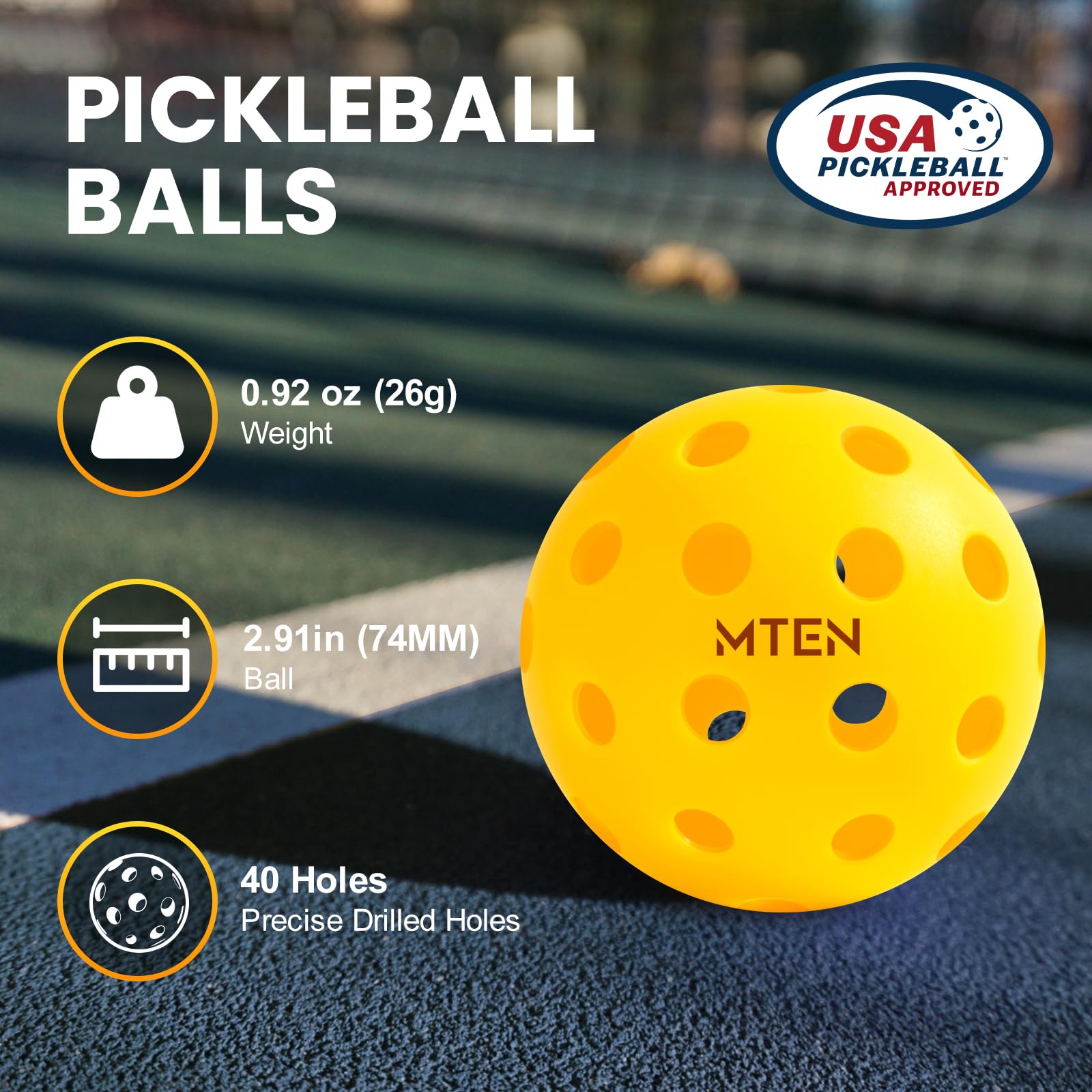 MTEN Pickleball Balls, USAPA Approved Pickleballs, 12 Pack 40 Holes Outdoor Pickleball Balls, High Bounce True Flight & Durable for All Skill Levels