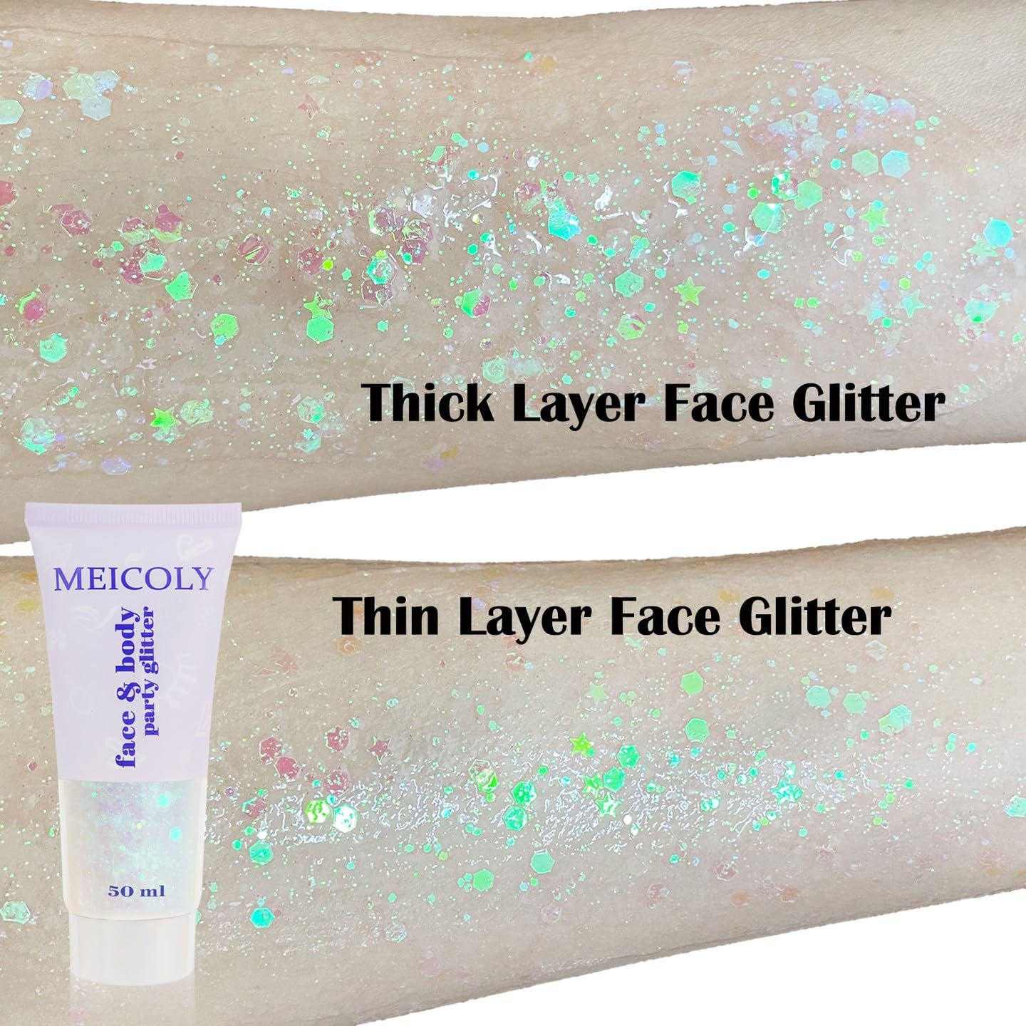 MEICOLY Clear White Body Glitter,Mardi Gras Face Glitter Singer Concerts Festival Rave Accessories,Chunky Hair Sparkling Halloween Glitter Gel for Women,Mermaid Sequins Glitter Face Paint,50ml