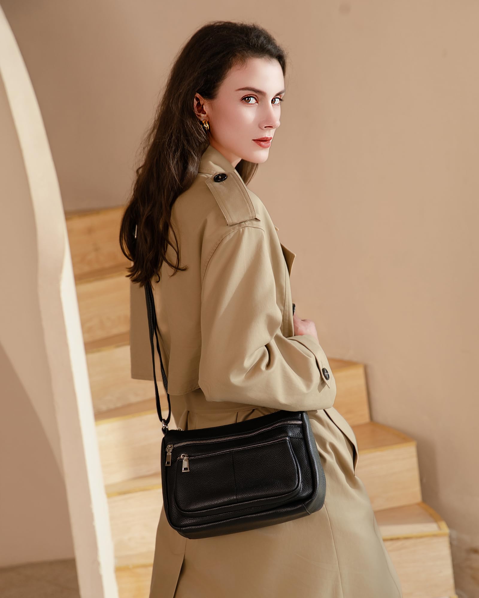 befen Black Genuine Leather Crossbody Bags for Women, Woman Medium Cross Body Shoulder Purses Handbags with Multi Zipper Pockets
