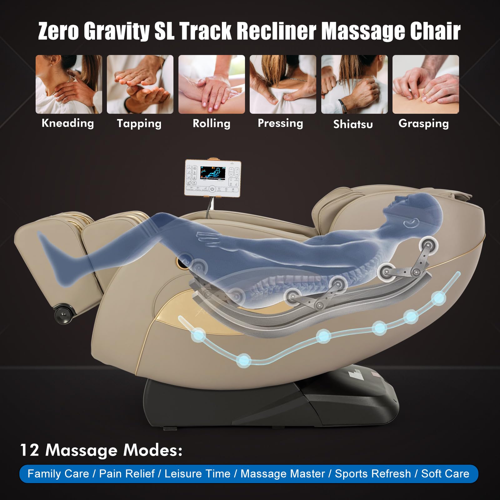 Artist hand Massage Chair Full Body, SL Track Zero Gravity Massage Chair Recliner with 12 Modes, Bluetooth, Body Scan, Foot Roller & Airbags Massage, AI Voice Control (Khaki)