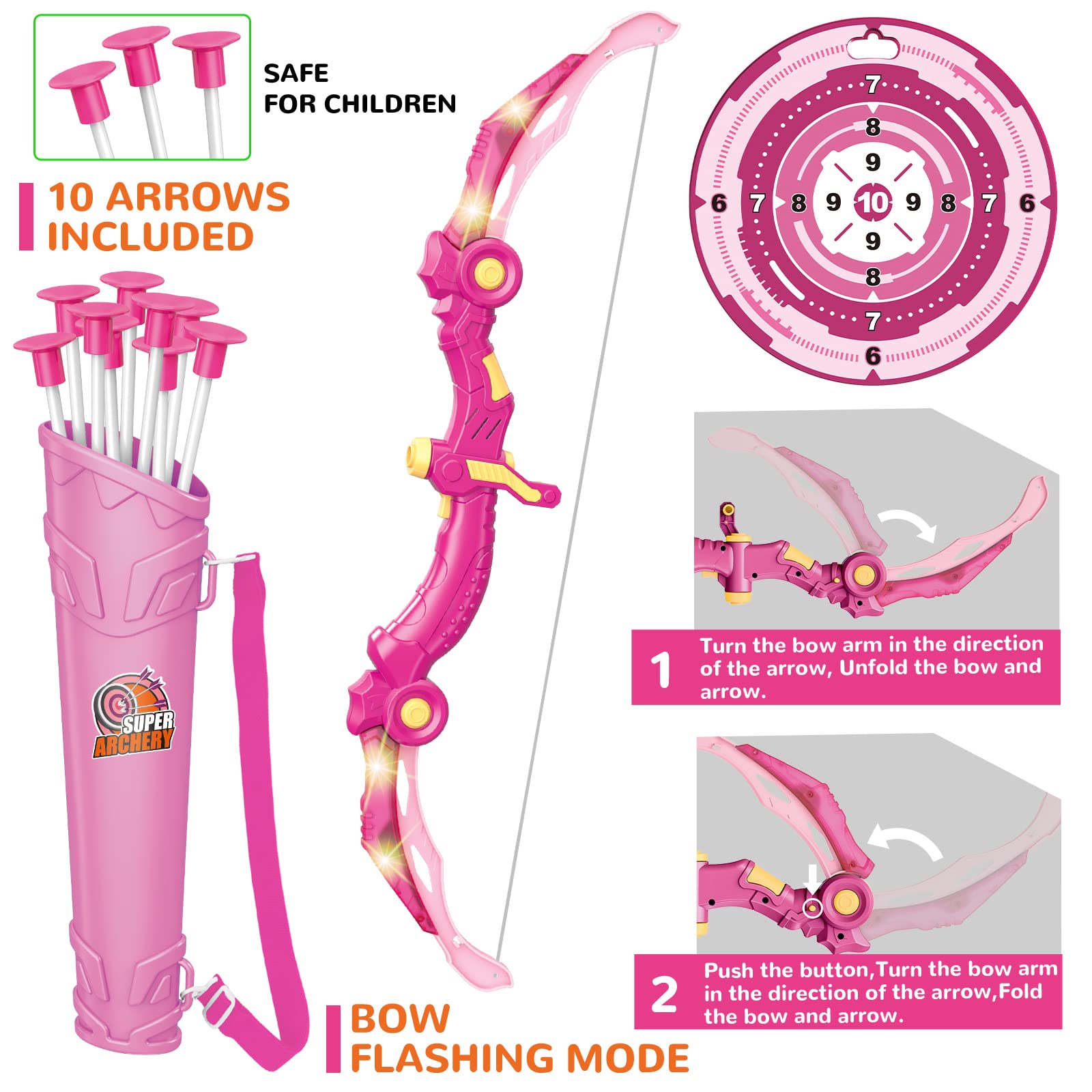 Bow and Arrow Toys with LED Light Up Archery, Birthday Gift for Girls 5 6 7 8 9 10 11 12 Year Old, Christmas Indoor Outdoor Activity Toy for Kids Girls Ages 6-8, 10 Suction Cup Arrows, Target, Quiver