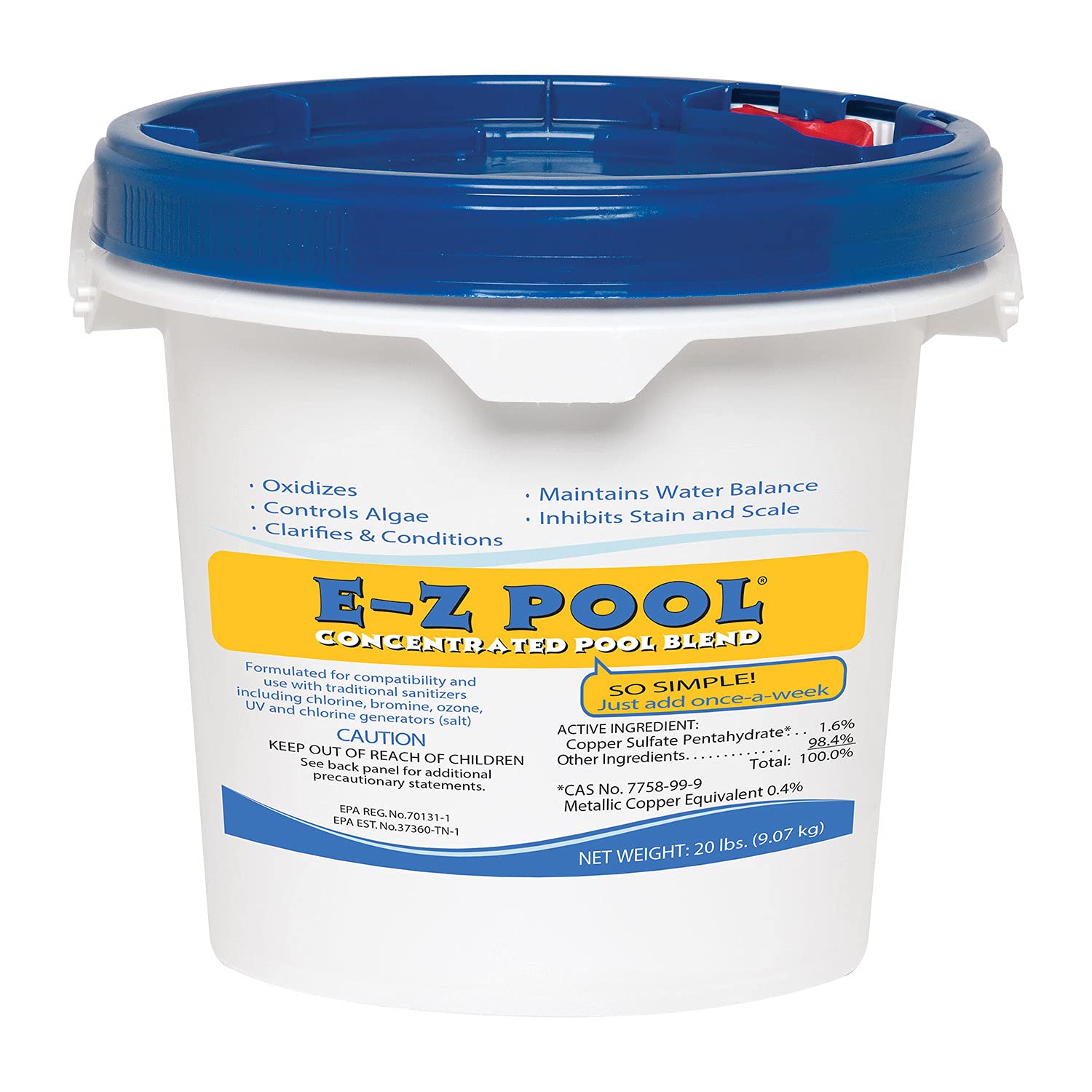 E-Z Pool Weekly All in 1 Concentrated Outdoor Swimming Pool Care Solution Blend with Copper Sulfate and Oxygen Enriching Formula, 20 Pound Bucket