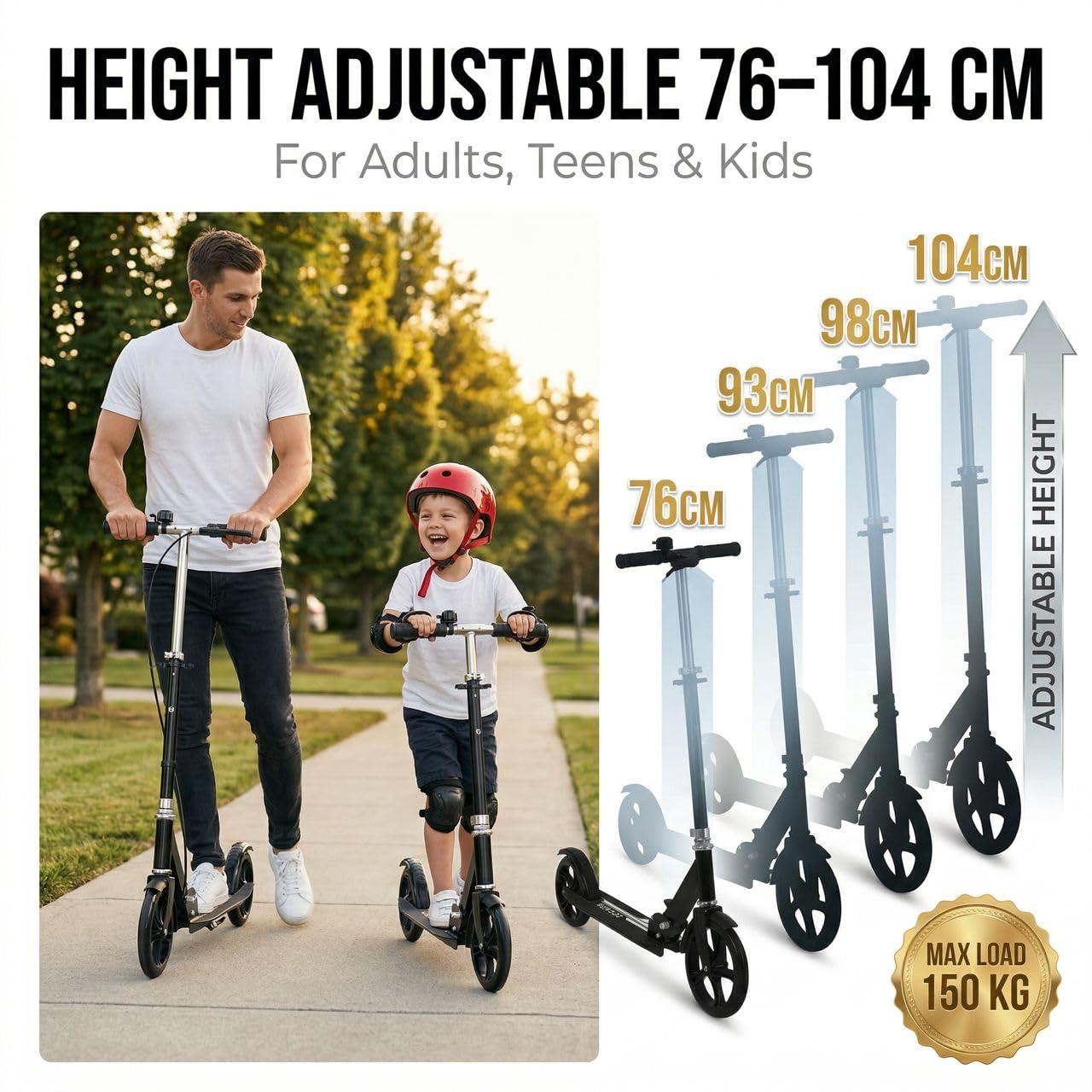 Scooters for Kids 9-25, Teens & Adults - Foldable Commuter Scooter with Bell, Hand Brake & Adjustable Height, 260 LB Weight Capacity, Perfect for School, Campus, Park Rides