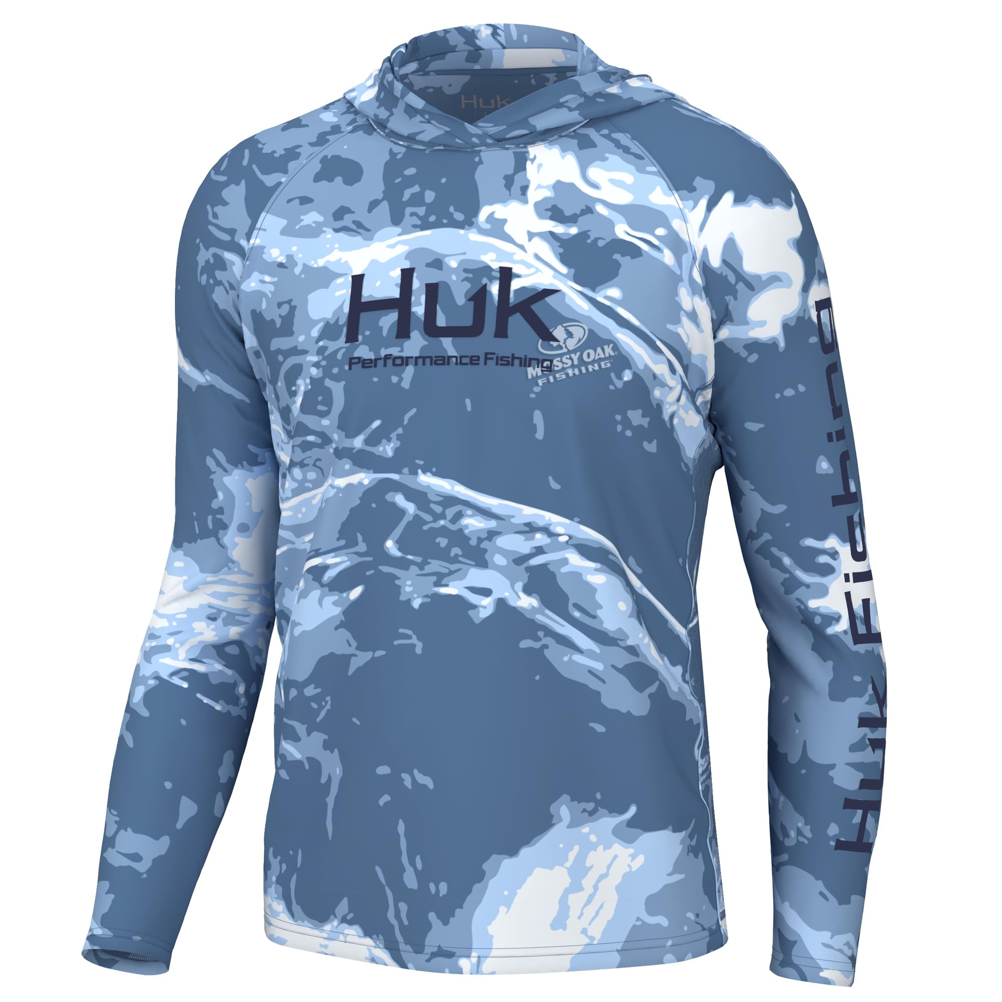 HUK Men's Standard Pursuit Pattern Hoodie, Sun Protecting Fishing Shirt with Hood, Mossy Oak-Stormwater Spindrift