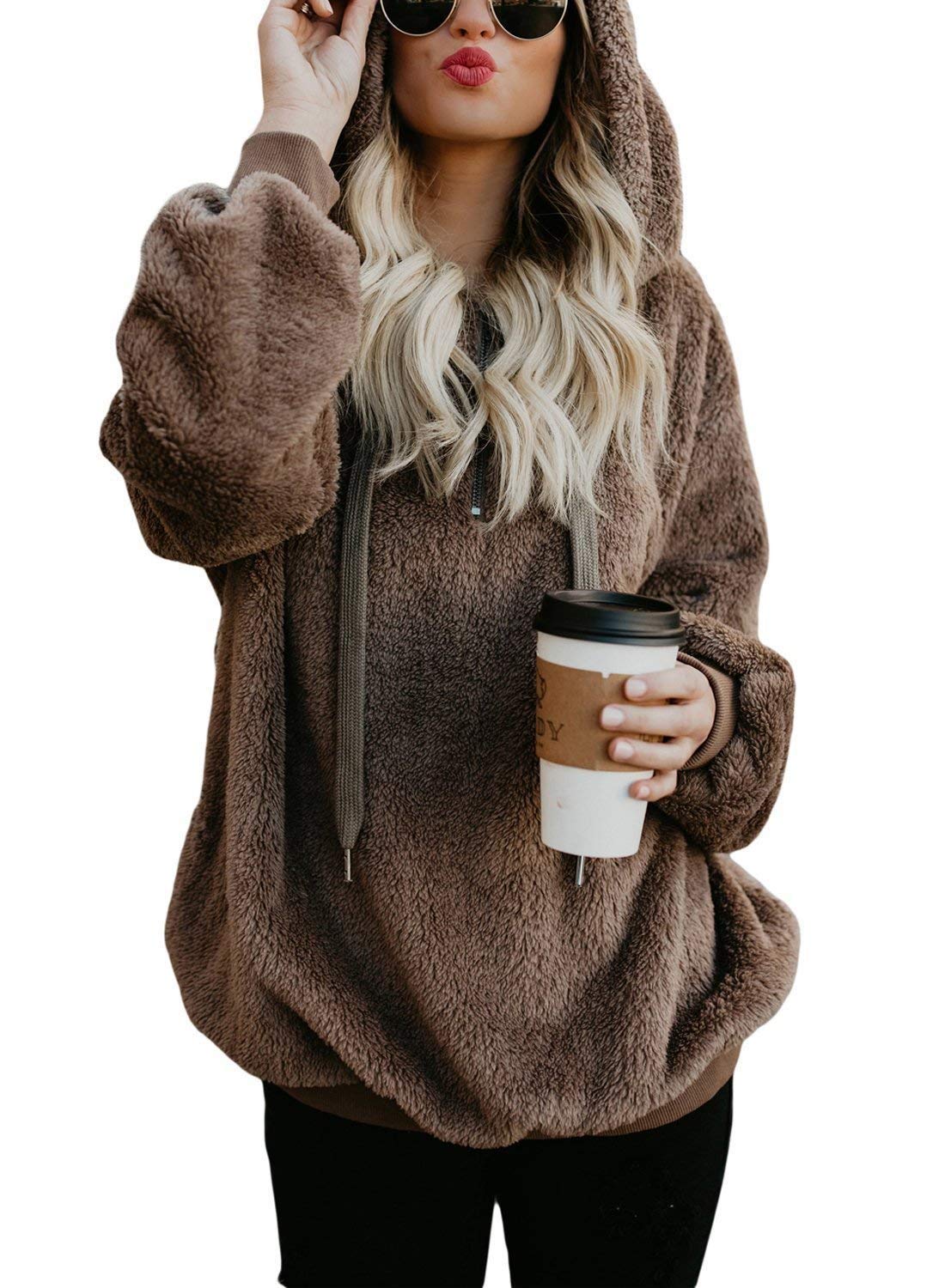 ReachMe Womens Oversized Sherpa Pullover Hoodie with Pockets Fuzzy Fleece Sweatshirt Plaid Fluffy Jacket Coat(0 Brown,M)