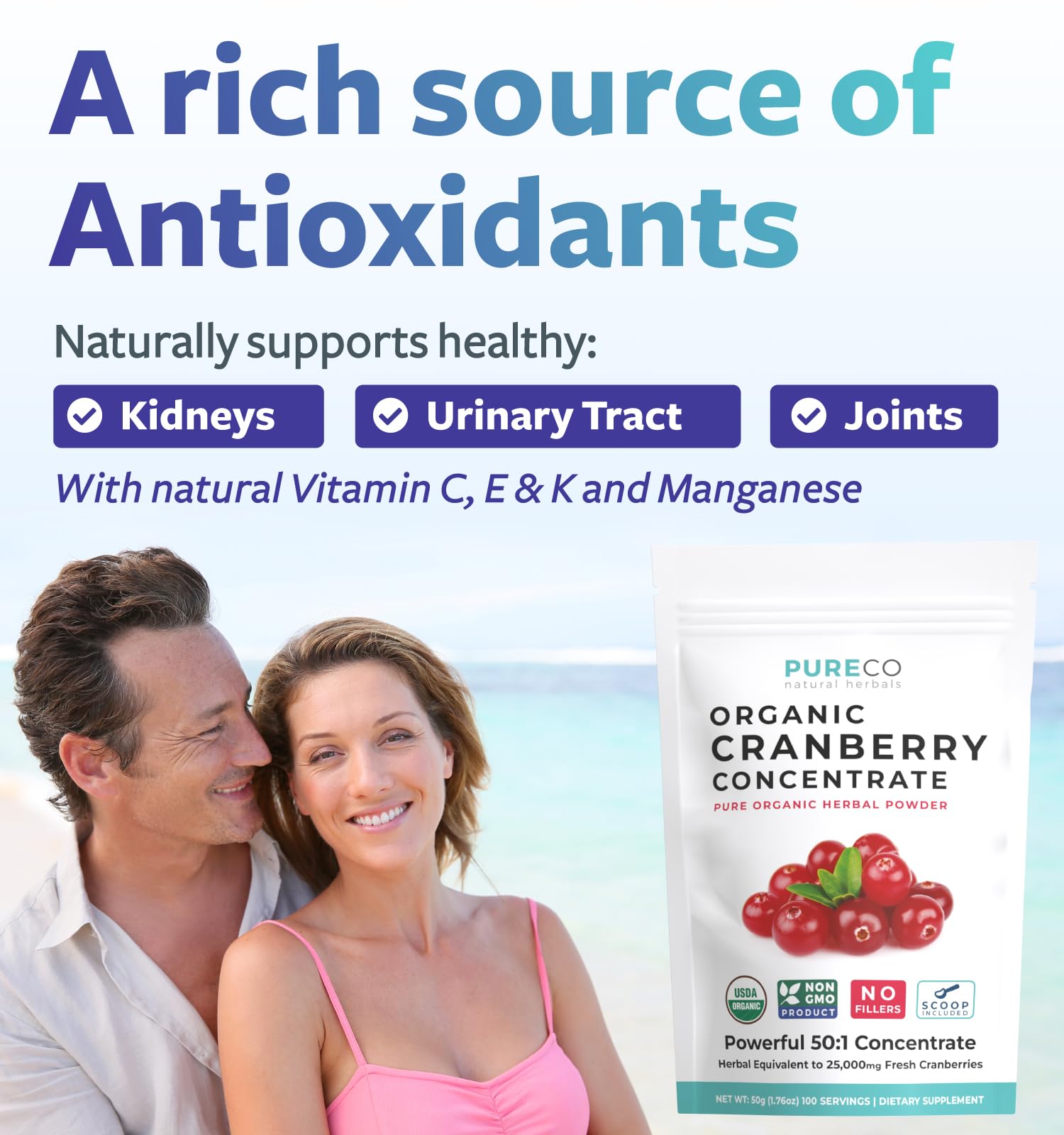 USDA Organic Cranberry Concentrate (50:1) Powder - 500mg is Equivalent to 25,000mg of Fresh Cranberries - for Kidney Cleanse & UTI Support Vitamins - Women - Supplement - 100 Servings - No Pills