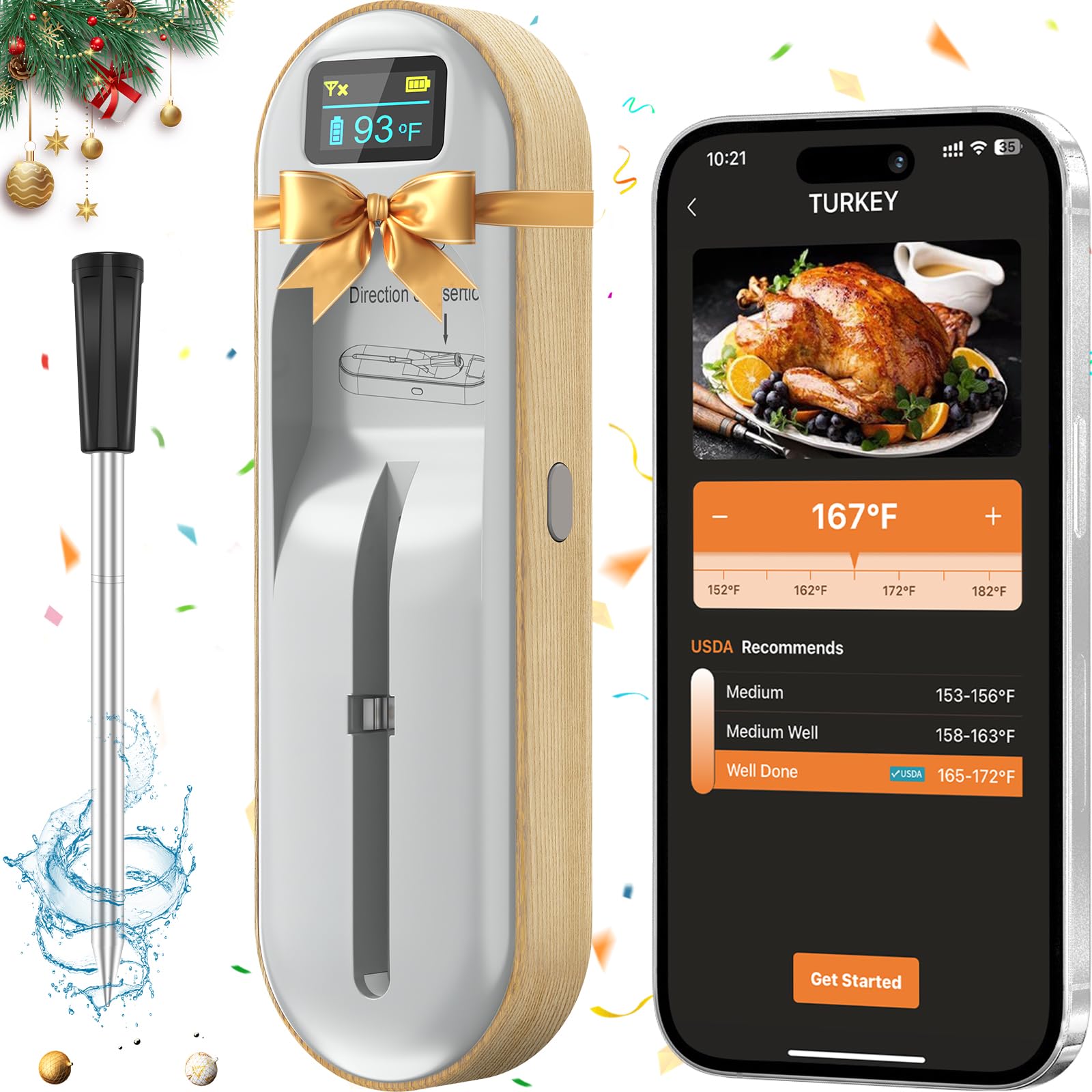 Wireless Meat Thermometer, Smart APP with Digital Instant Read, Alarm, Long Bluetooth Range, High-Temp-Resist Food Thermometer for Grilling and Smoking, Cooking, Oven, Rotisserie