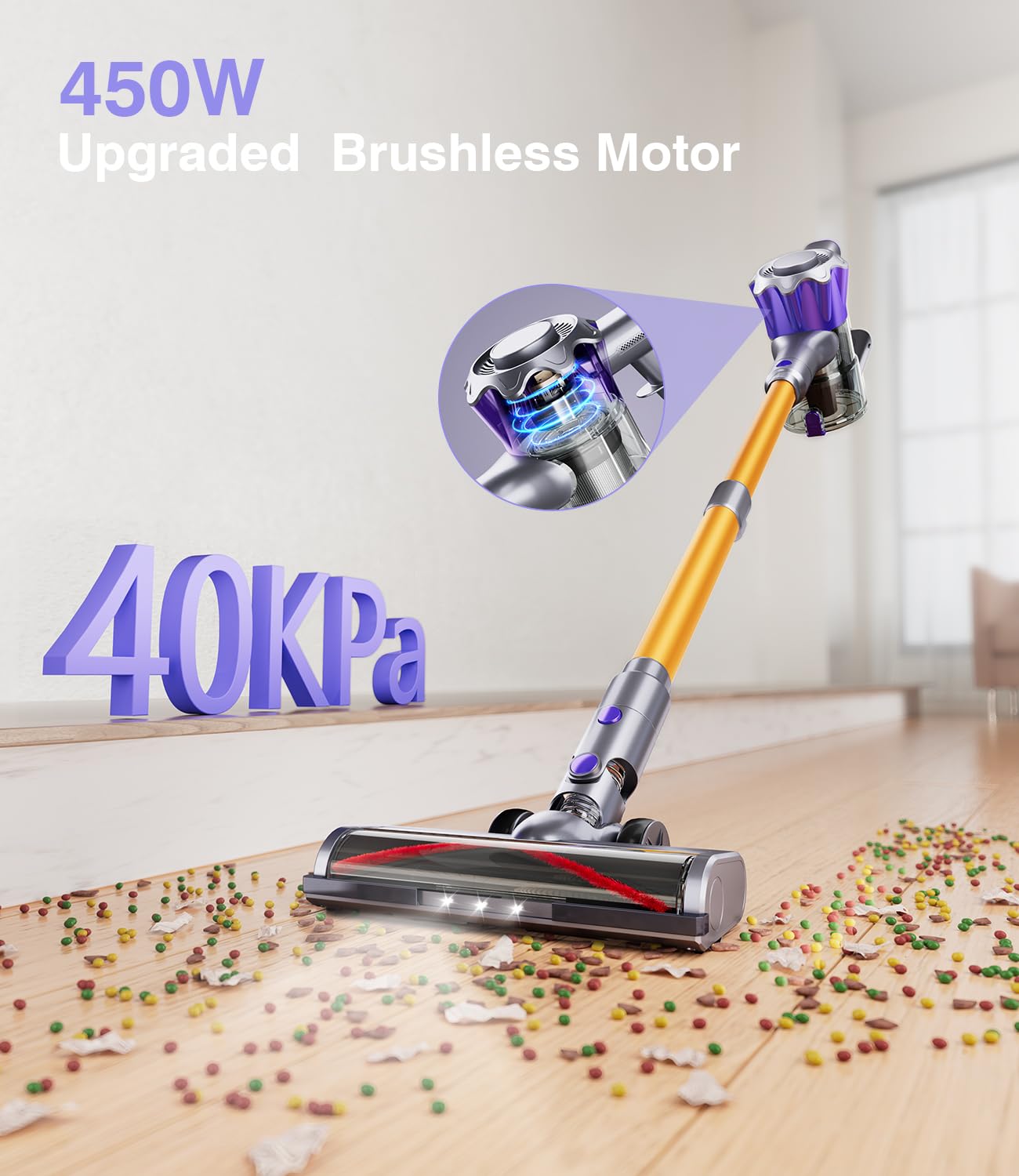 MBYULO Cordless Vacuum Cleaner, 450W 40Kpa Powerful Stick Vacuum, Up to 50Mins Rechargeable Battery, Vacuum Cleaners for Home Anti-Tangled Lightweight Handheld for Hardwood Floor, Carpets, Pet Hair