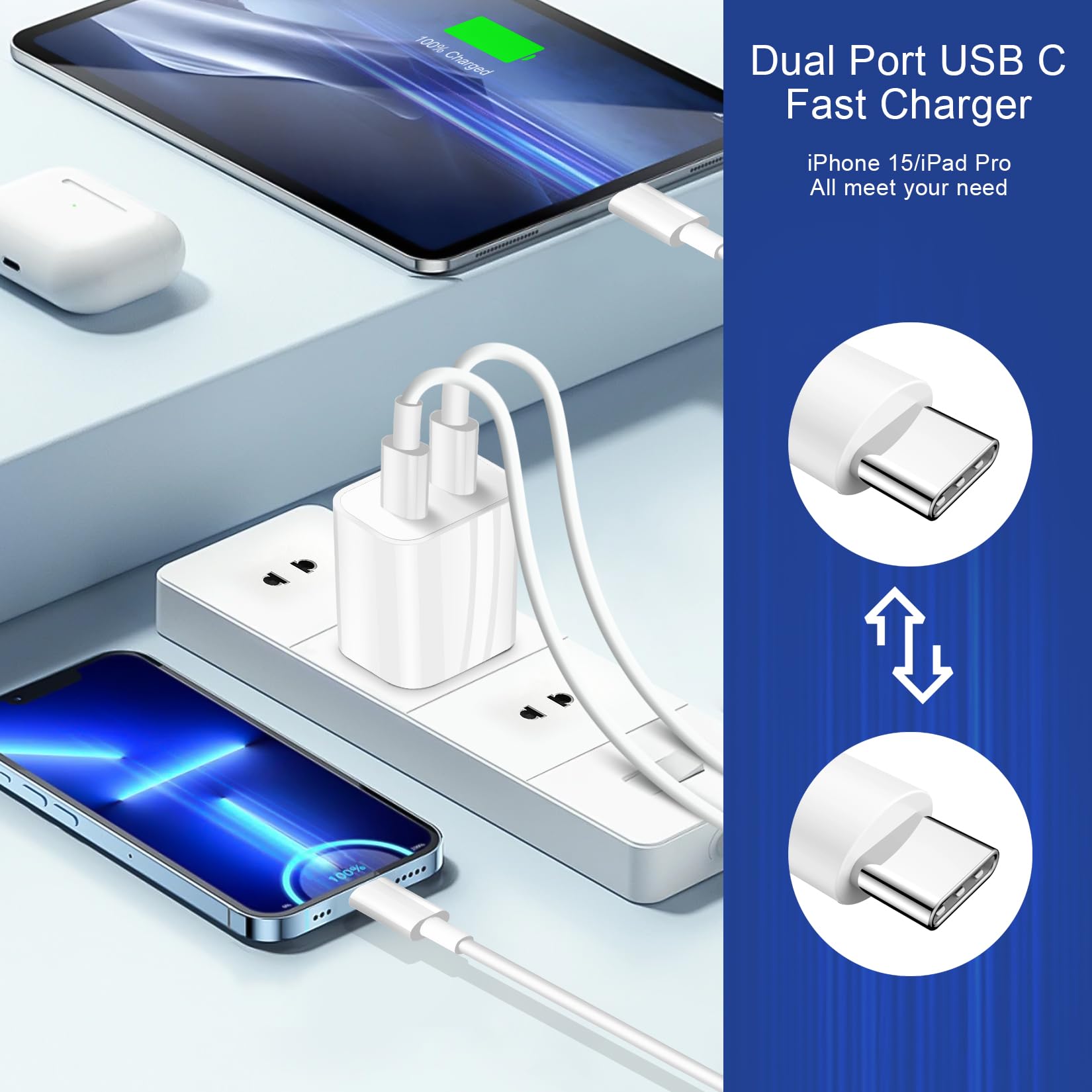 Dual Port USB C Charger for iPhone 15 Pro,Fast Double USB C iPhone 15 Wall Charger Block,2Pack Double USB C Charger Adapter,10FT Quick USB C to C Cable for iPhone 15/15Plus/15Pro/15ProMax,iPad Pro/Air