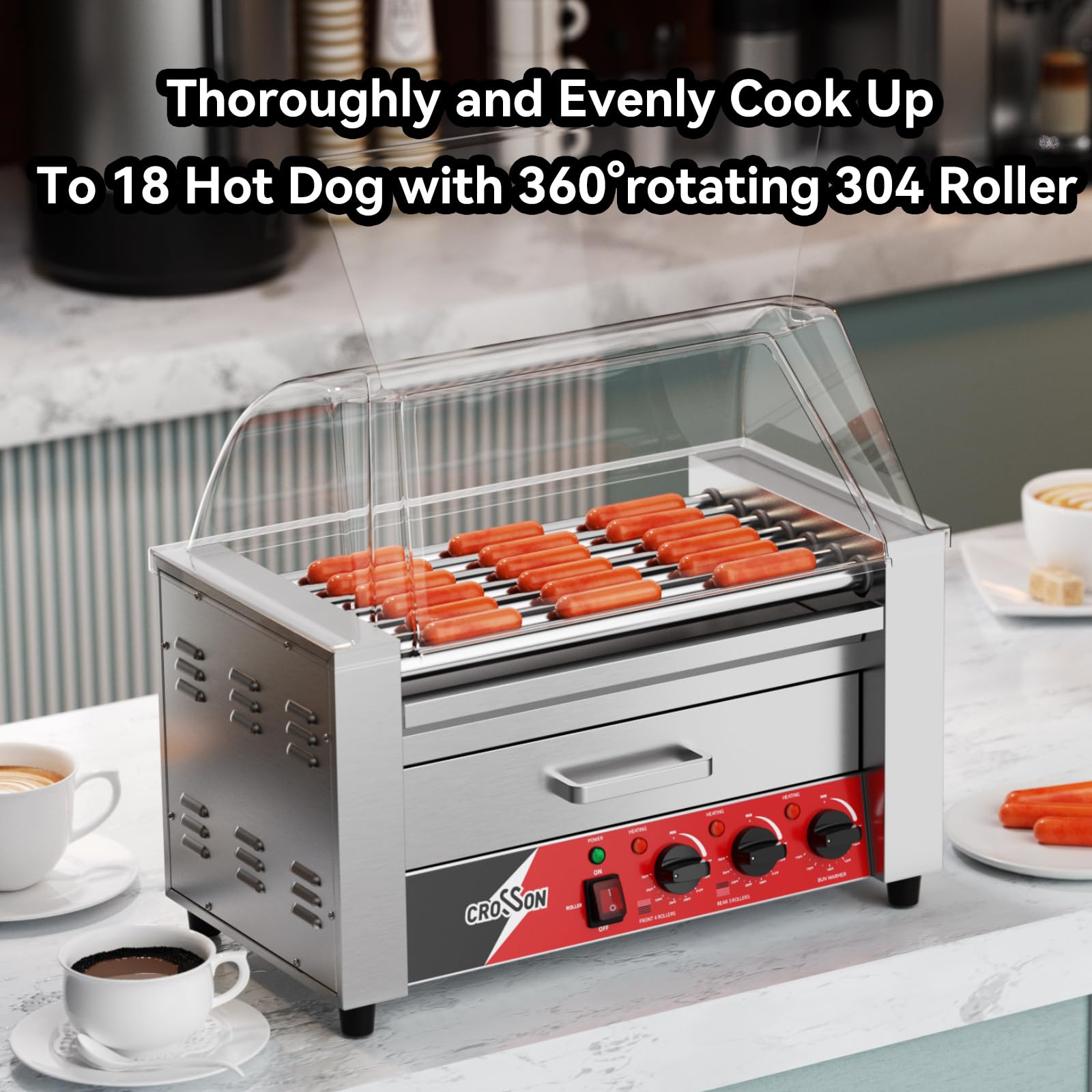 CROSSON Hot Dog 7 Roller with Bun Warmer&Transparent Sneeze Guard,Commercial 7 Nonstick 304 Roller Grill Cooker Machine