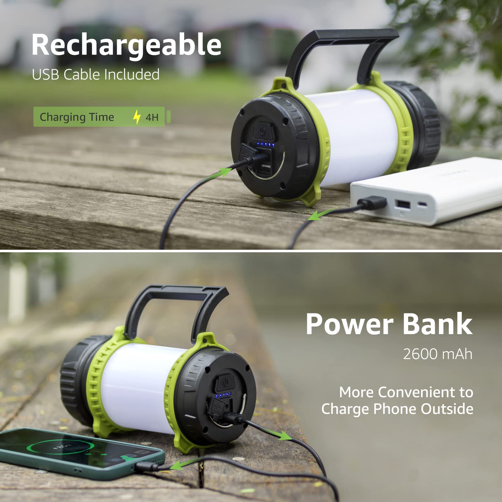 Lighting Ever LED Camping Lantern Rechargeable, Flashlight with 500LM, 5 Light Modes, 2600mAh Power Bank, IPX4 Waterproof, for Hurricane Emergency, Outdoor, Hiking and Home, USB Cable Included