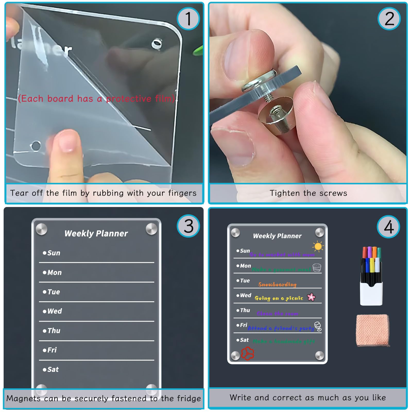 Naisidas Acrylic Magnetic Dry Erase Board for Fridge，Set of 4 Transparent Planning Boards Weekly Calendar, Notes Planning Board，Includes 8 Markers and Towel