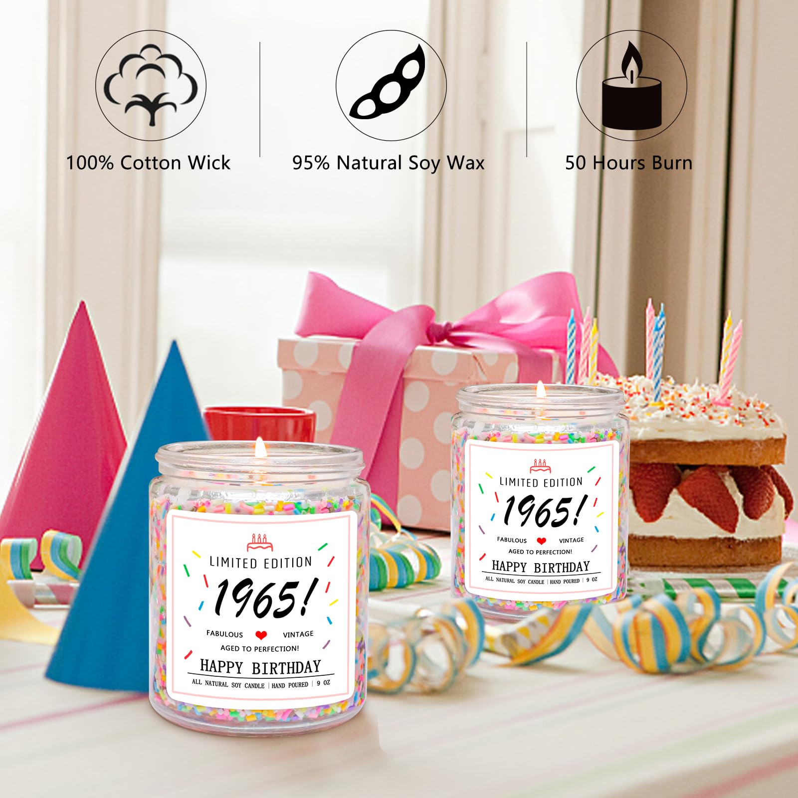 Homsolver 60th Birthday Gifts for Women Ideas, Happy 1965 60th Birthday Candle Gifts-Limited Edition 1965 Handmade Candles (Vanilla Birthday Cake Scent with Sprinkles)