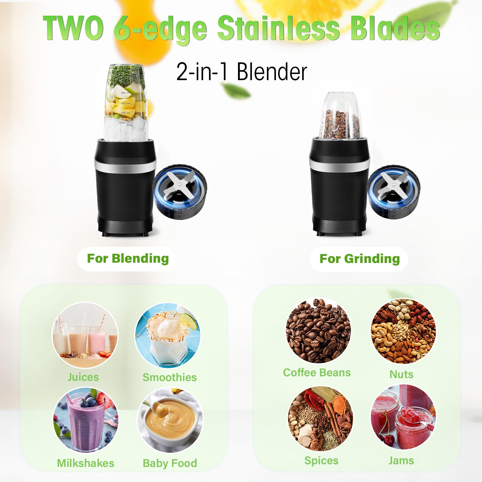 Nahida Blender for Smoothies, 1200W Smoothies Blender for Ice Crushing, Bullet Blender with (2) 6-Fin Blades, Personal Blenders for Kitchen with 14oz, 24oz, 29oz Easy Go Cups for Juices, Black