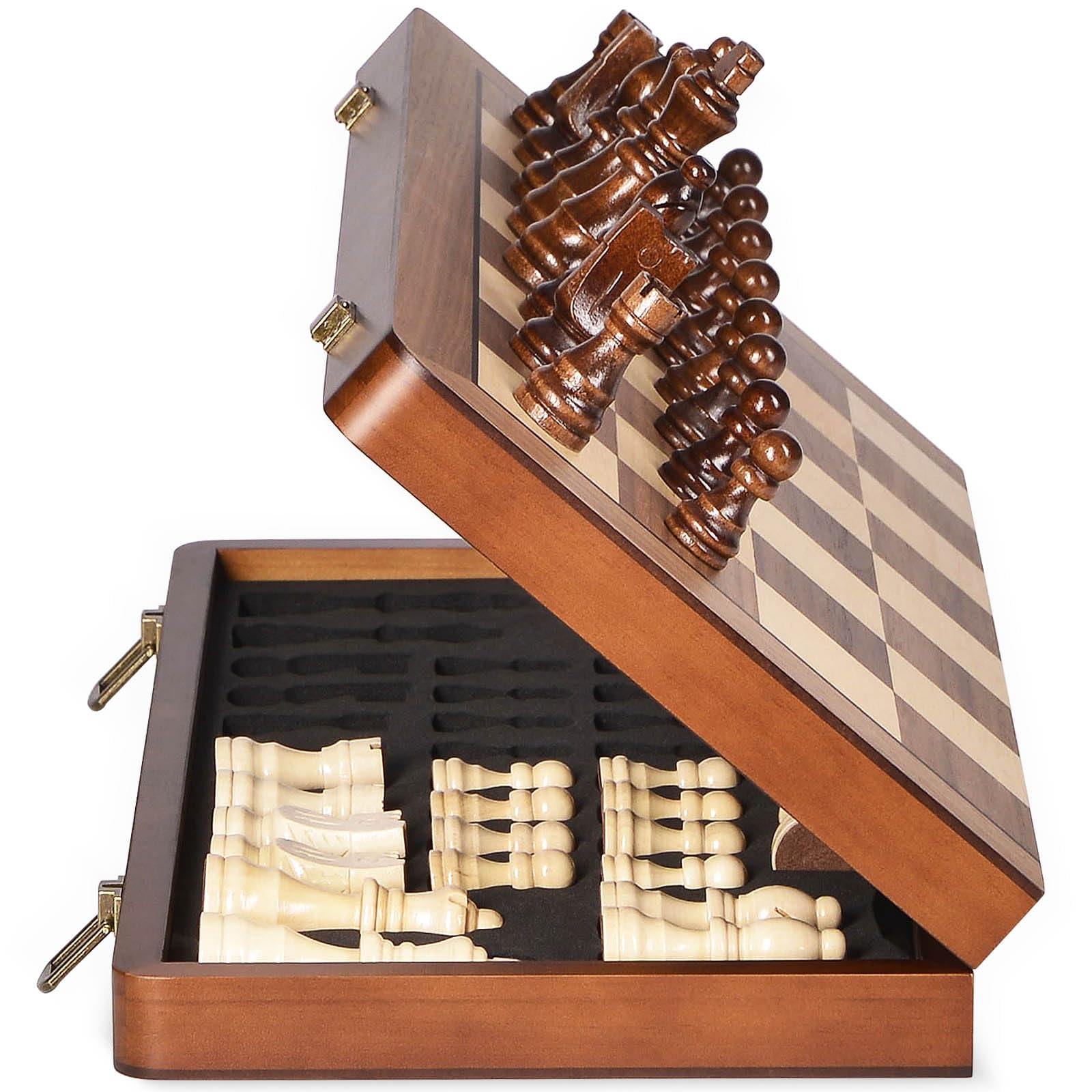 ELONGDI 15" Wooden Chess Set with Magnetic Pieces - Extra Queens - Folding Chessboard Portable Travel Tournament Chess Board Games for Adults Kids