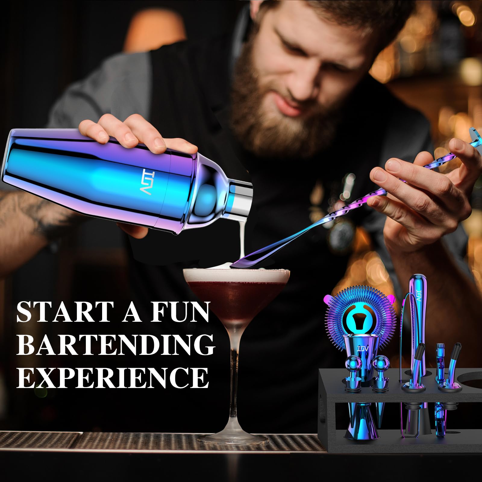 IOV Mixology Bartender Kit with Stand | 12-Piece Cocktail Shaker Set | 24oz Martini Shaker Set for Drink Mixing | Bar Set Includes All Bar Tools and Recipe Booklet | Fun Housewarming Gift (Rainbow)