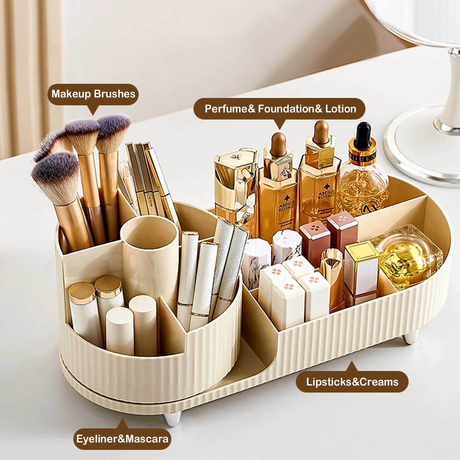 Rotating Makeup Organizer for Vanity with Brush Holder, Cosmetic Makeup Storage Organizer, Large Spinning Makeup Skincare Organizer, Countertop Makeup Perfume Organizer, Lotions Display Case (Ivory)