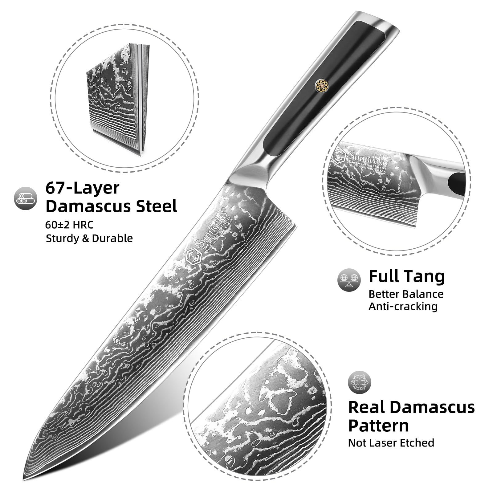 Sunnecko Chef Knife 8 Inch, Damascus Kitchen Knife Japanese Chefs Knife Vg10 High Carbon Stainless Steel