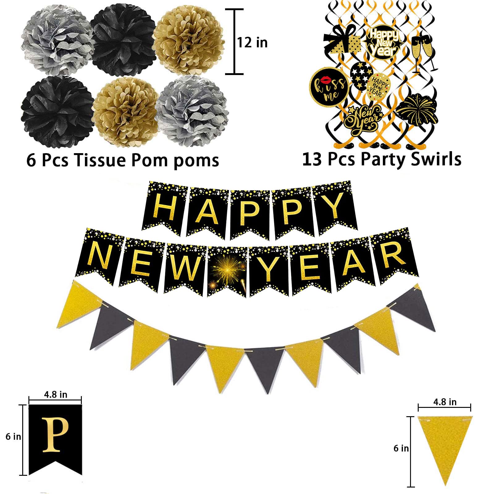 Famoby Happy New Year Banner Pom poms Triangle flag Swirls Garland Hanging Bunting for Happy New Year Party Decorations