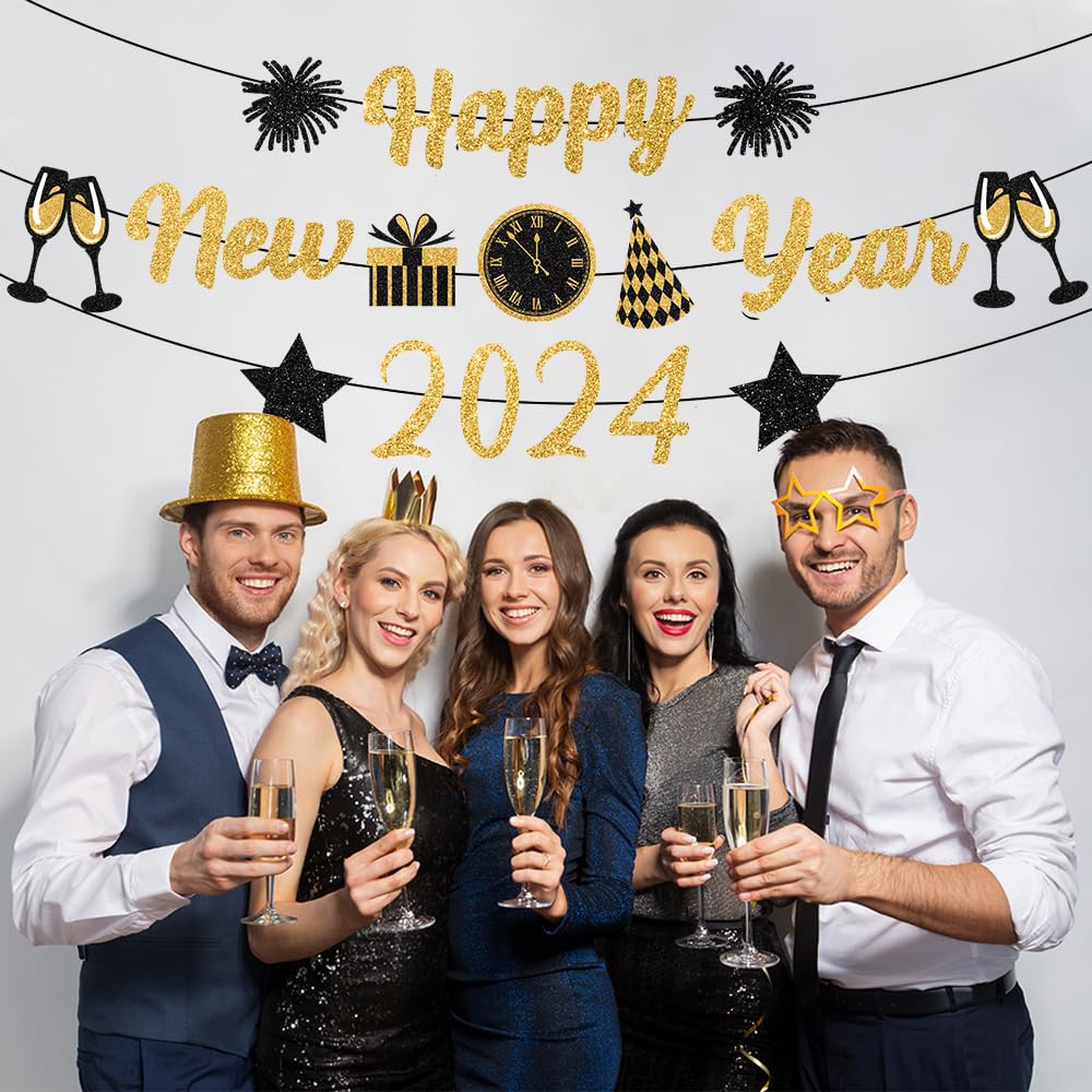 Gold Black New Years Decorations 2025 Glitter Happy New Year Banner New Years Eve Party Supplies New Years Eve Decorations Happy New Year Sign For New Year Party Decorations