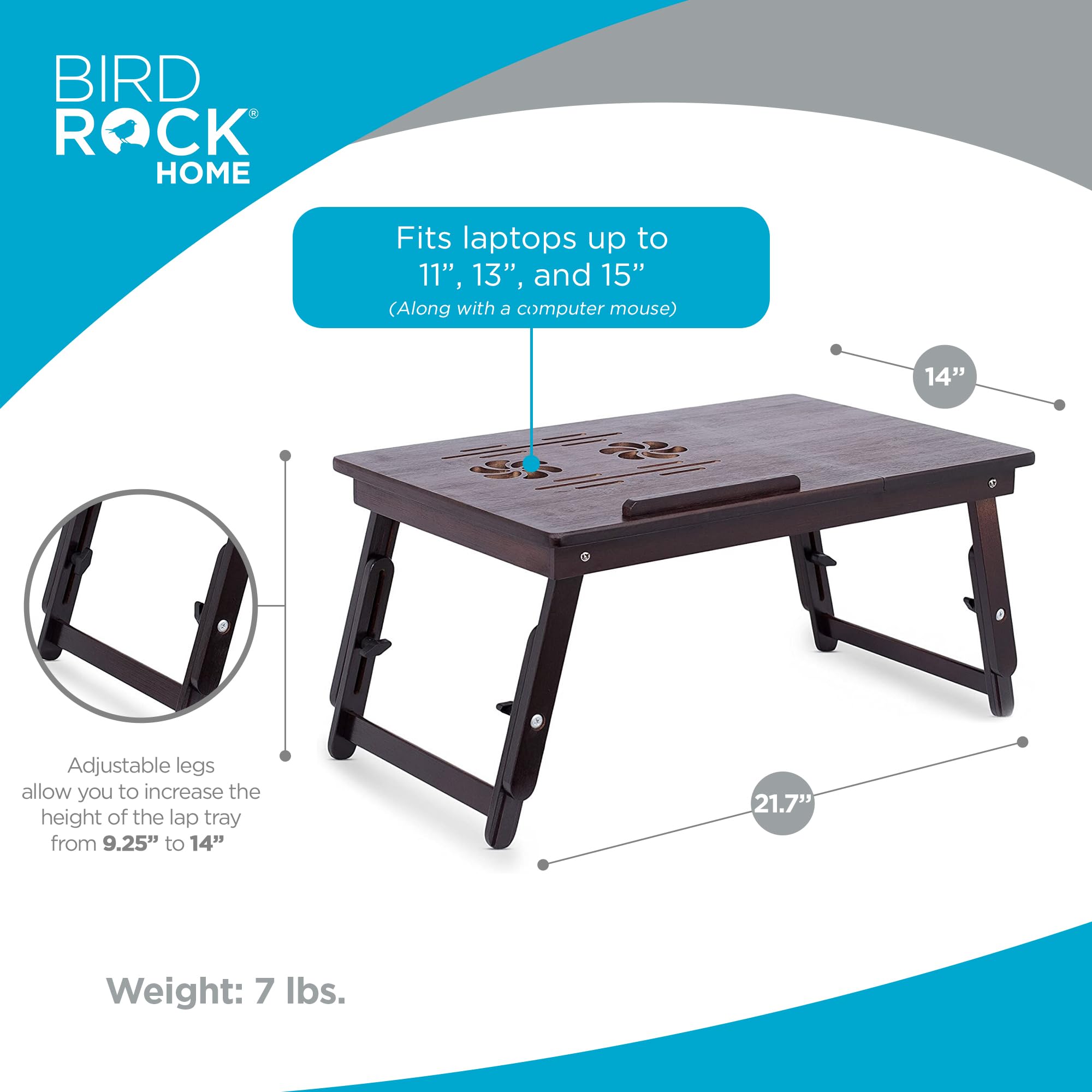 Sofia + Sam Multi Tasking & Ventilated Lap Desk | Folding & Standing Adjustable Wooden Laptop Bed Tray - Table w/Legs | Magnetic Pullout Drawer & Charger Storage | Fits Laptops Up to 15" | Walnut