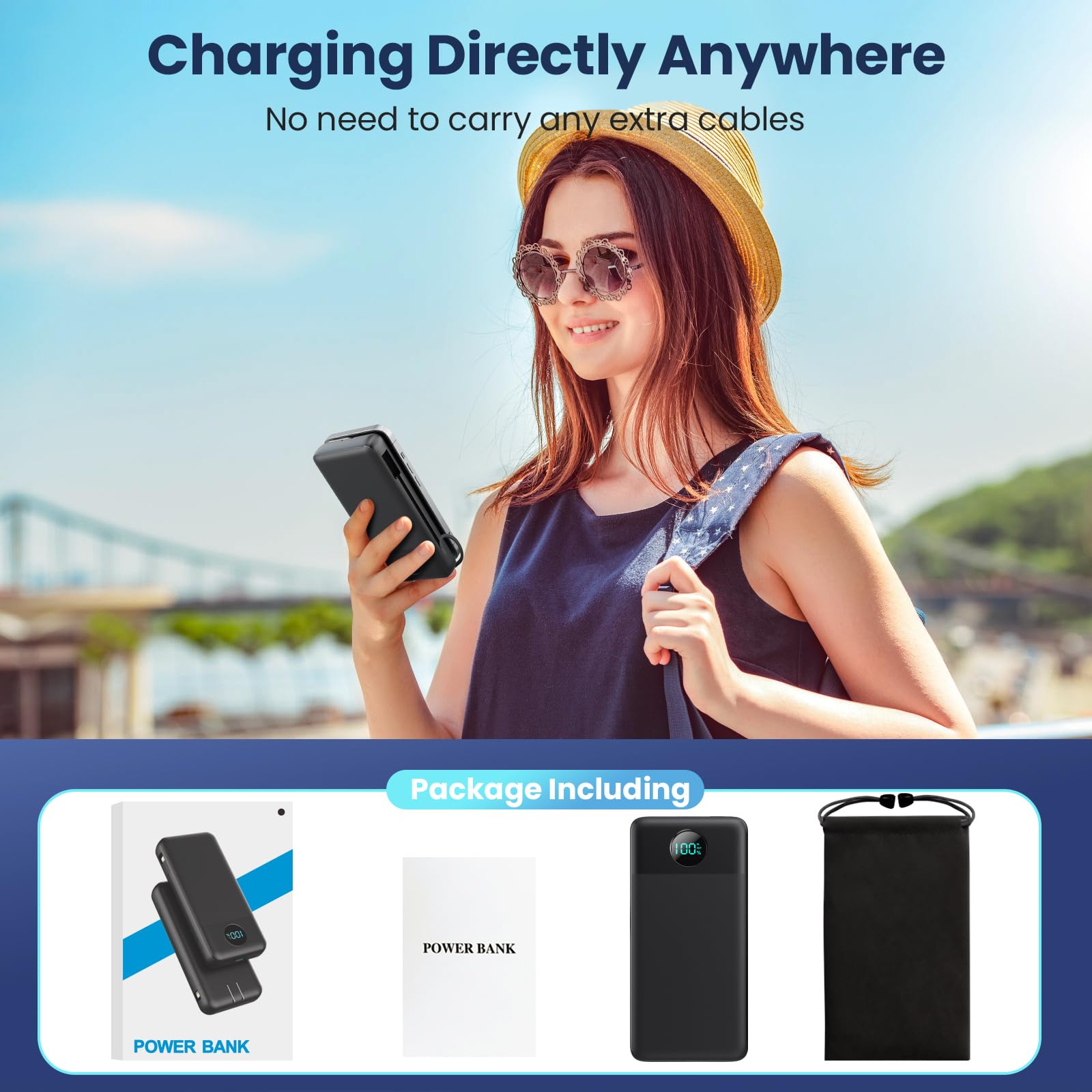 Portable Charger 33800mAh USB C Power Bank with Built-in Cables & AC Wall Plug,25W Fast Charging+QC 4.0 Phone Charger,4 Output LCD Display Battery Pack Compatible with iPhone15/14,Samsung,Android etc