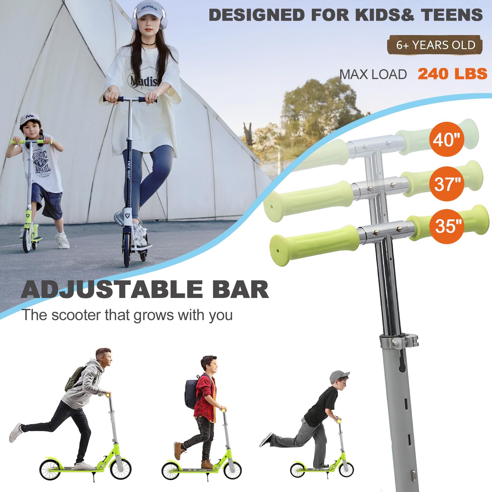 CUIOT Scooter for Adults Foldable 300lbs Lightweight 8IN Big Wheels Kick Scooters with Height Adjustable, Aluminum Frame, for Urban Commuting and Outdoor Fun | Suitable for Teens 8-12,Black