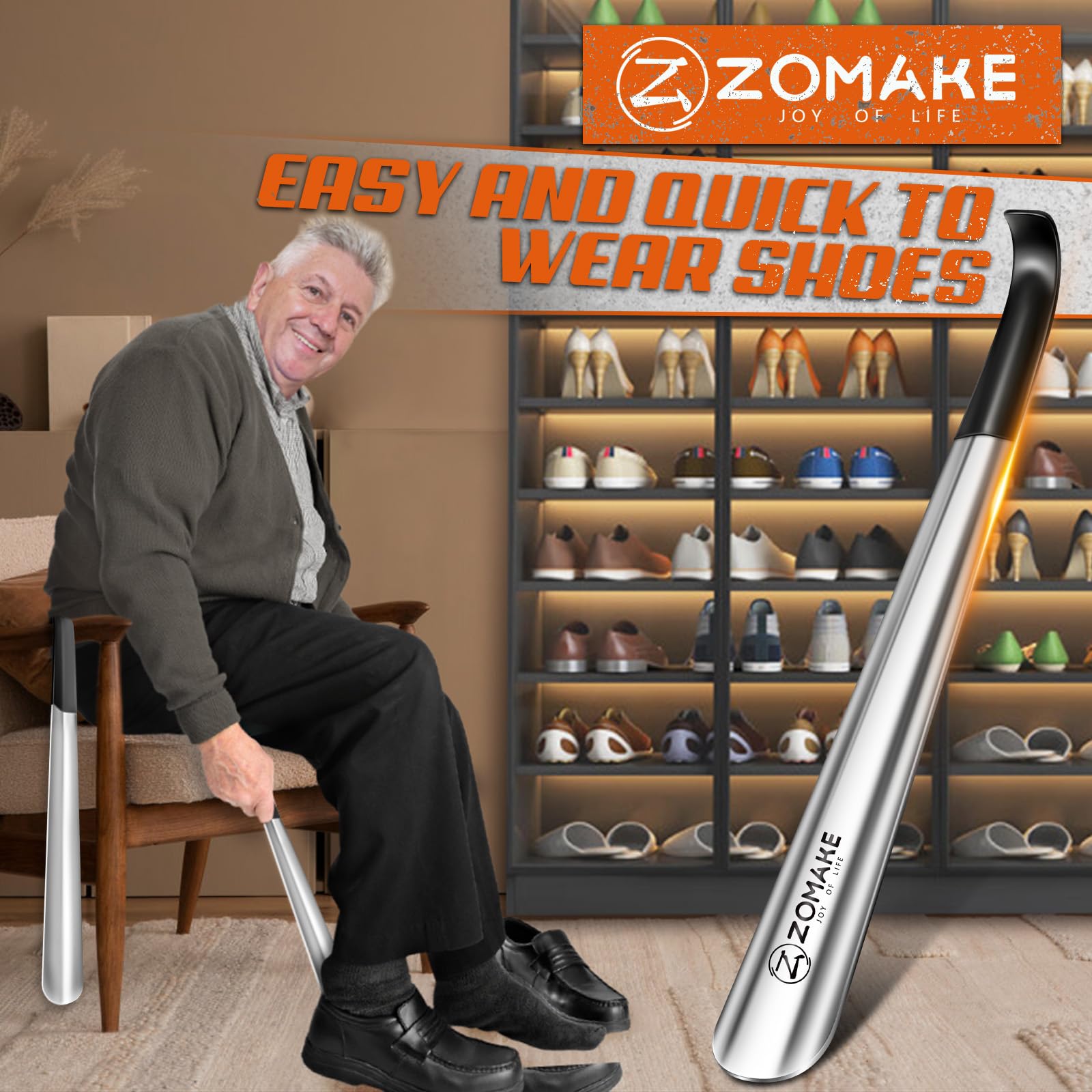 ZOMAKE Shoe Horn Long Handle for Seniors Men Women,Metal Long Shoehorn Boot Horn,16.5" Stainless Steel Shoe Spoon Helper(2 Pcs Black Handle)