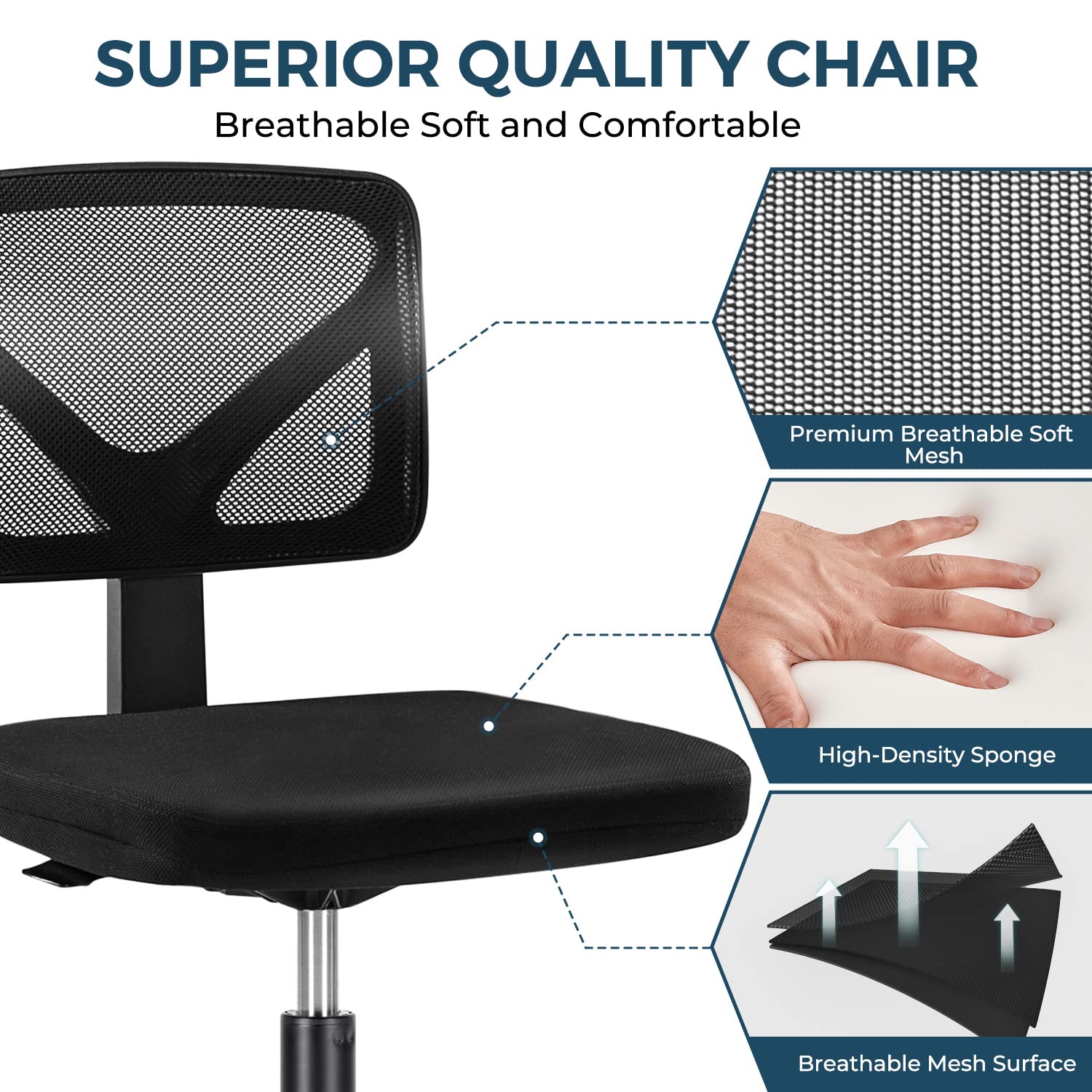 MCQ Home Office Computer Desk Chair Mid Back Armless Ergonomic Mesh with Lumbar Support Height Adjustable Swivel Task Rolling Modern Wheels for Office,Living Room, Black (SE-2077)