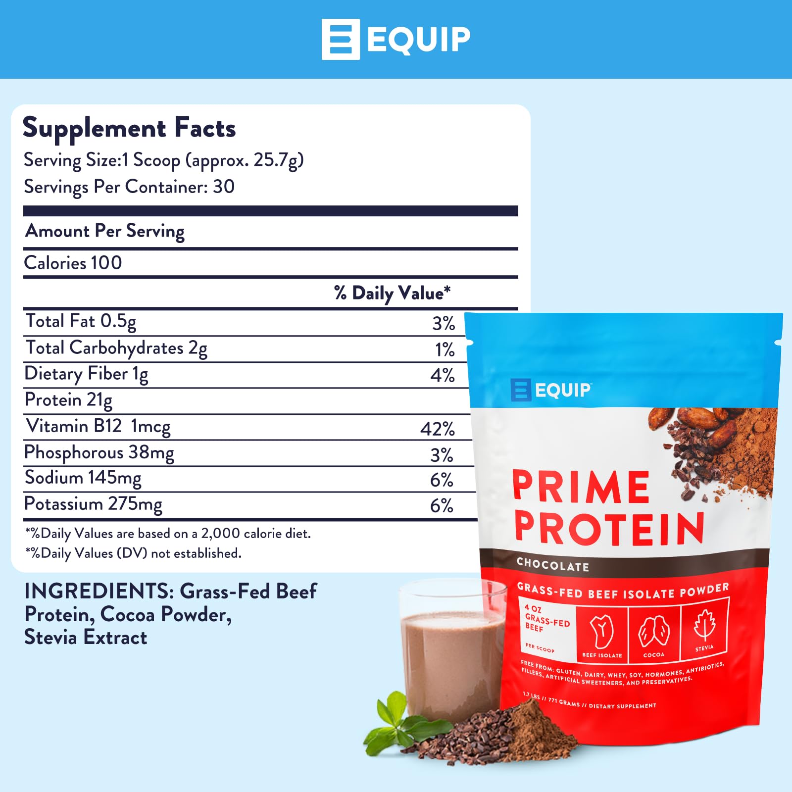 Equip Foods Prime Protein Powder | Clean, Grass Fed Beef Protein Isolate | Carnivore Protein Powder | Paleo, Keto Friendly | Gluten, Dairy Free | Helps Build & Repair Tissue | 30 Servings, Chocolate