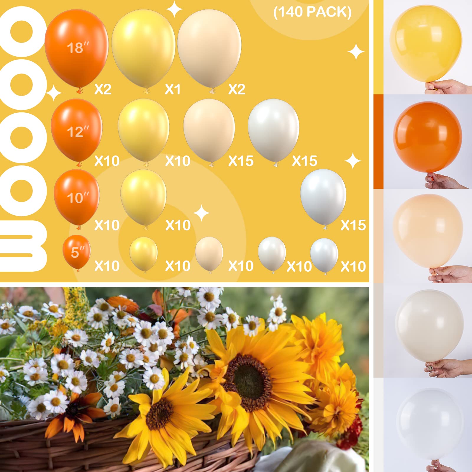 PartyWoo 140 Pcs Daisy Balloon Garland - Orange, Yellow, Apricot, Sand White, White for Arch, Birthday, Baby Shower, Wedding Decorations