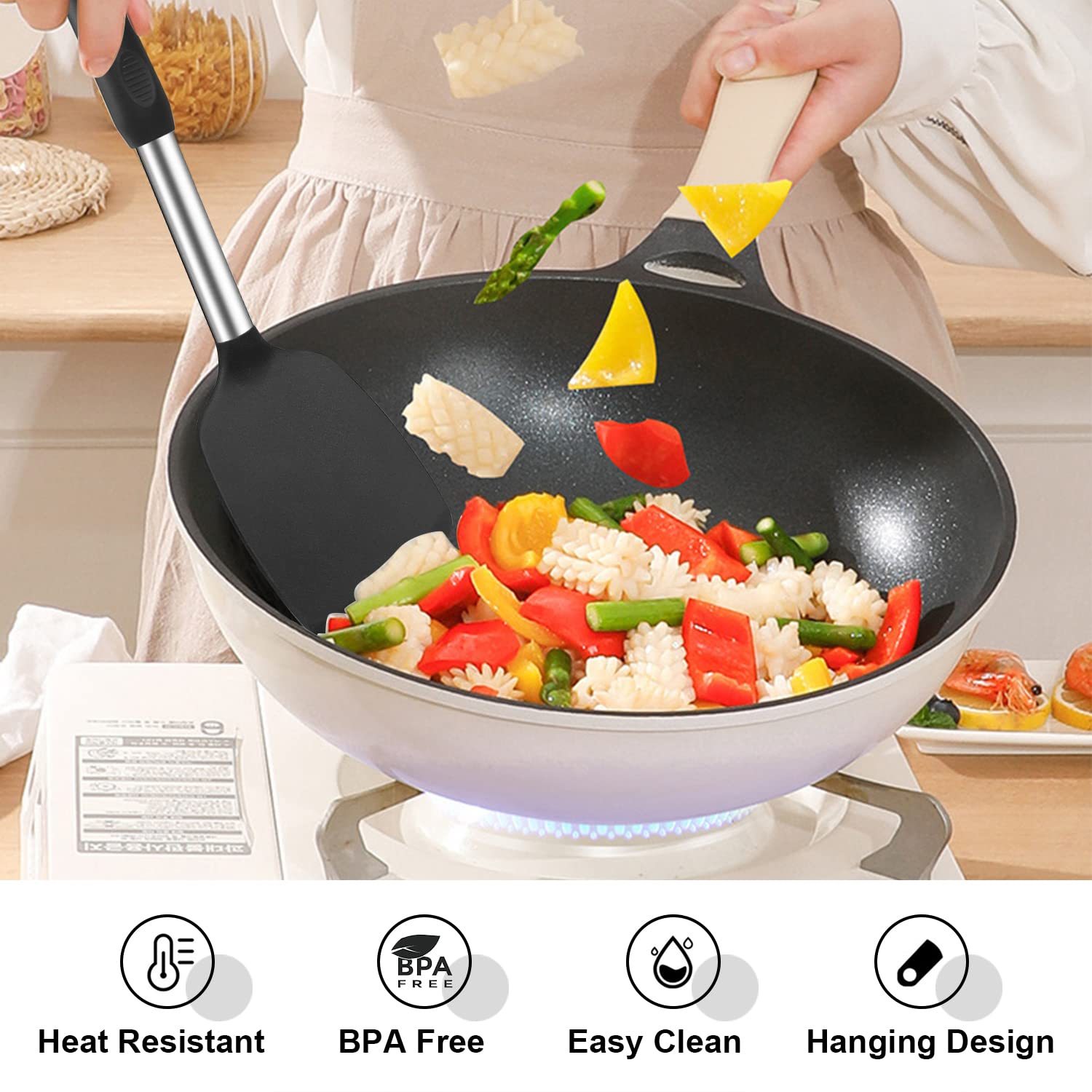 Beijiyi Silicone Spatula and Cooking Spoon, 4 Pack Non-Stick Cooking Utensils Set for Kitchen, Heat Resistant Solid & Slotted Spoons and Spatulas, Stainless Steel Handle with Silicone, Black