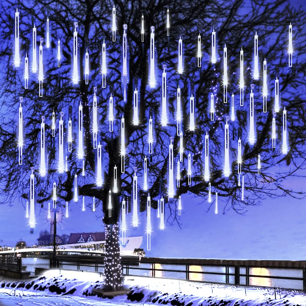 Kordain Christmas Lights Outdoor, Meteor Shower Lights Falling Star Lights 12 inch 8 Tubes 144 LED Icicle Snow Falling Raindrop Lights for Xmas Tree Halloween Holiday Party Decoration, UL Plug, White