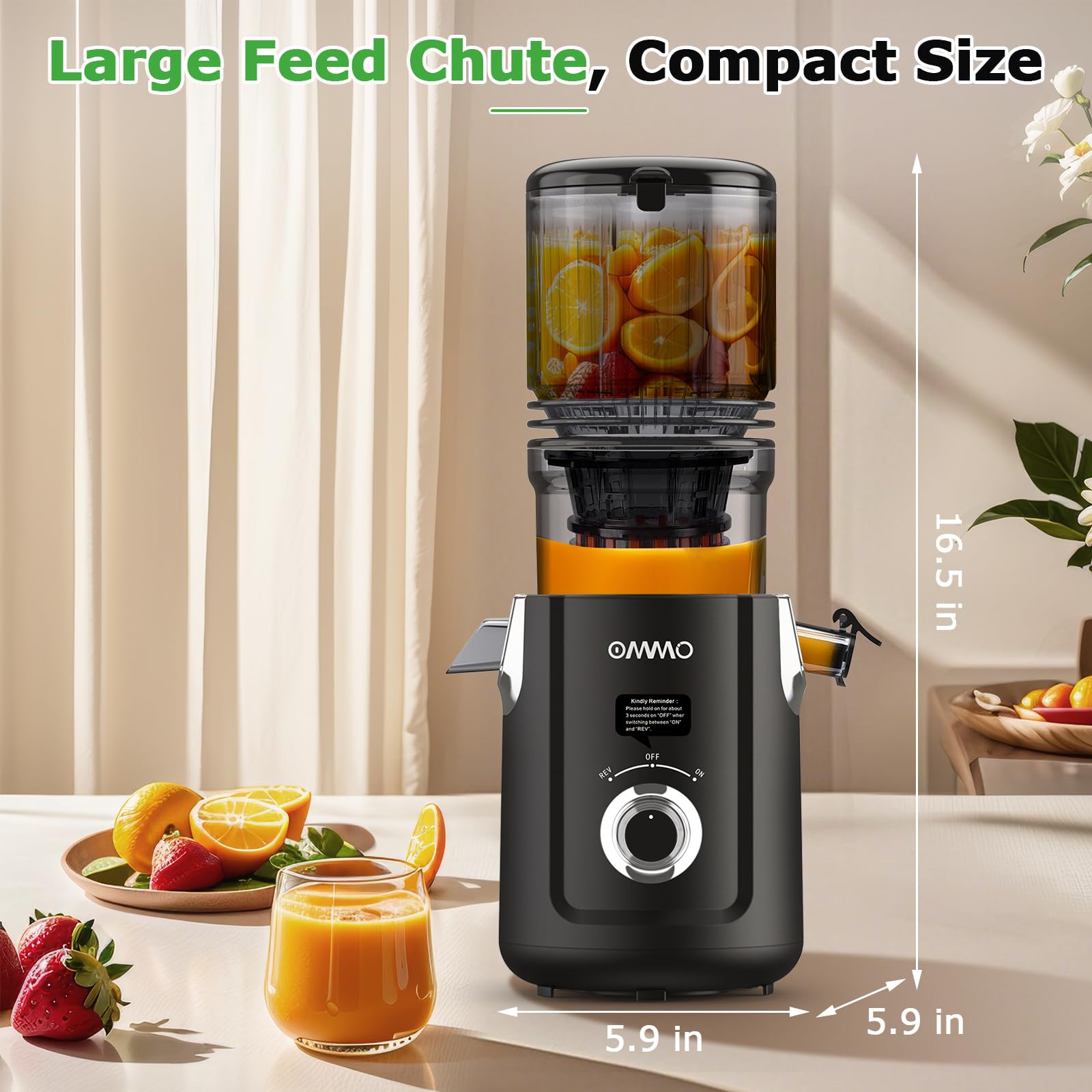 OMMO Cold Press Juicer Machines : 5.1" Wide Feed Chute Slow Masticating Juicer for Whole Fruits & Vegetables, Easy to Clean, High Juice Yield, BPA Free, Black
