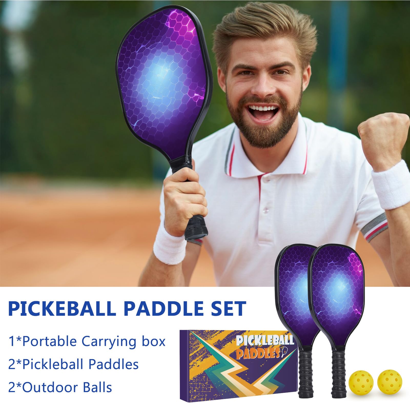 ENERFACE Pickleball Paddles Set of 2 : Ergonomic Grip Wooden Pickleball Rackets with 2 Pickleball Balls and Carry Box, Pickleball Set for Men Women (Honeycomb Violet, 2 Pack)