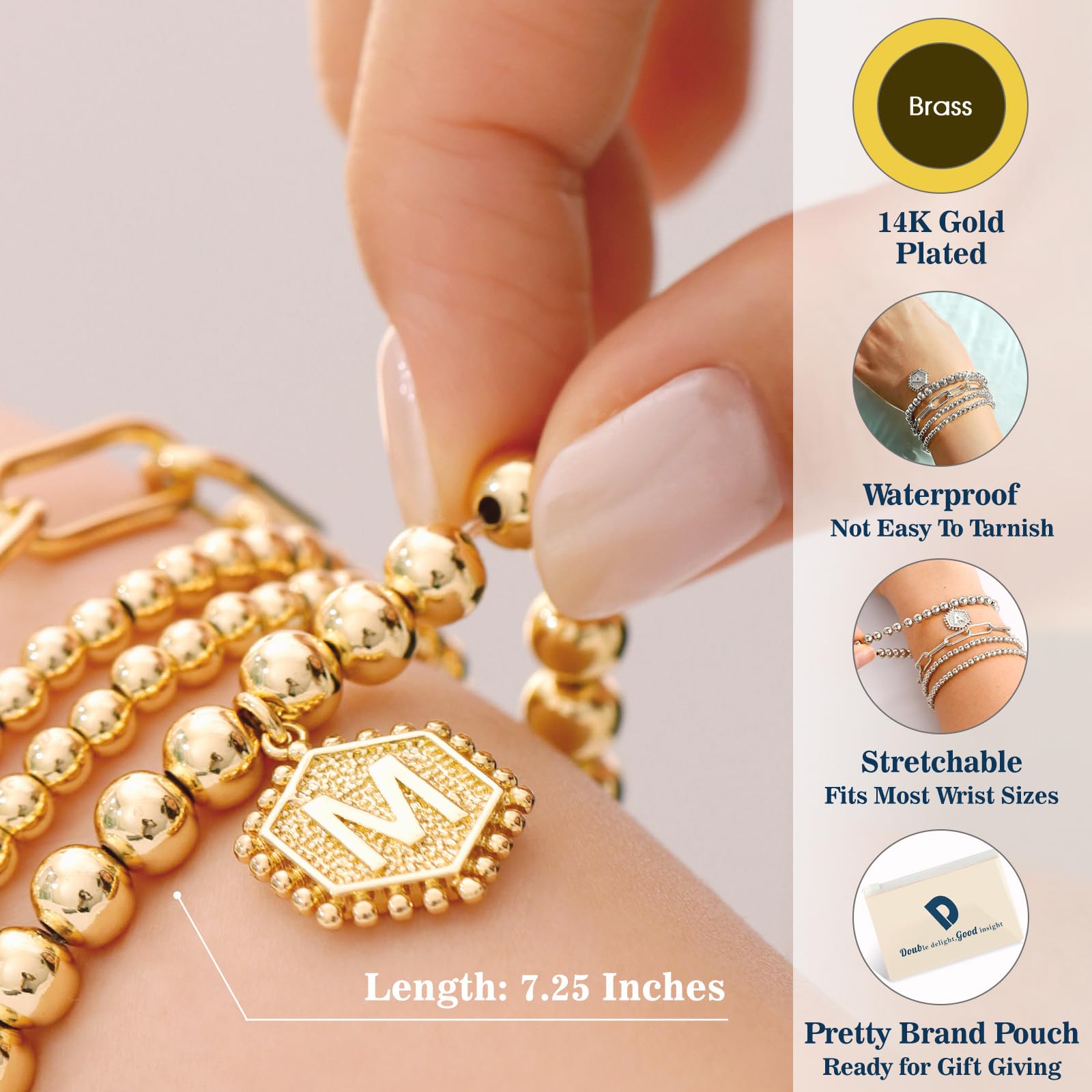 doubgood Gold Beaded Bracelets for Women, Stackable Gold Bracelets for Women 14K Real Gold Plated Stretch Bead Ball Bracelet with Letter Pendant W