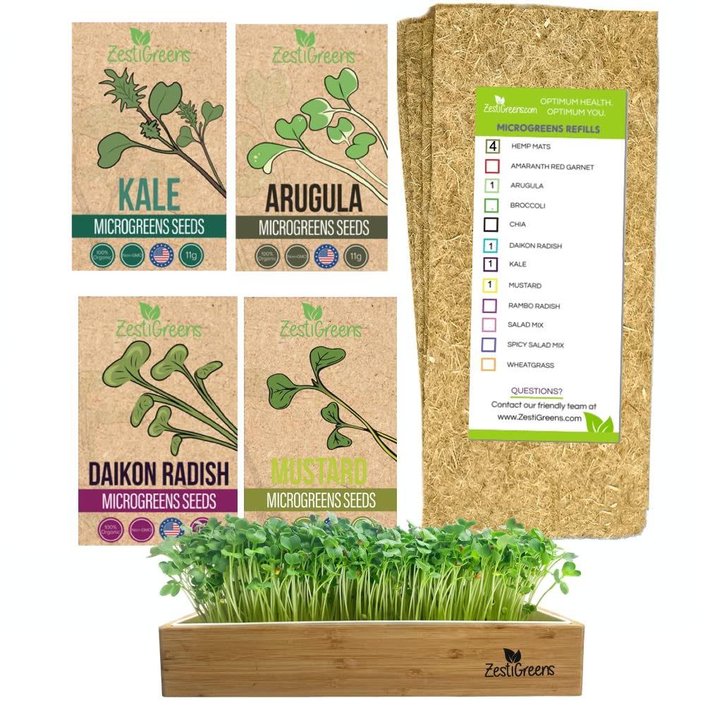 Microgreens Refill for Zestigreens Microgreens Growing Kit. Kale, Daikon Radish, Arugula & Mustard Organic Microgreens Seeds & 4 mats.