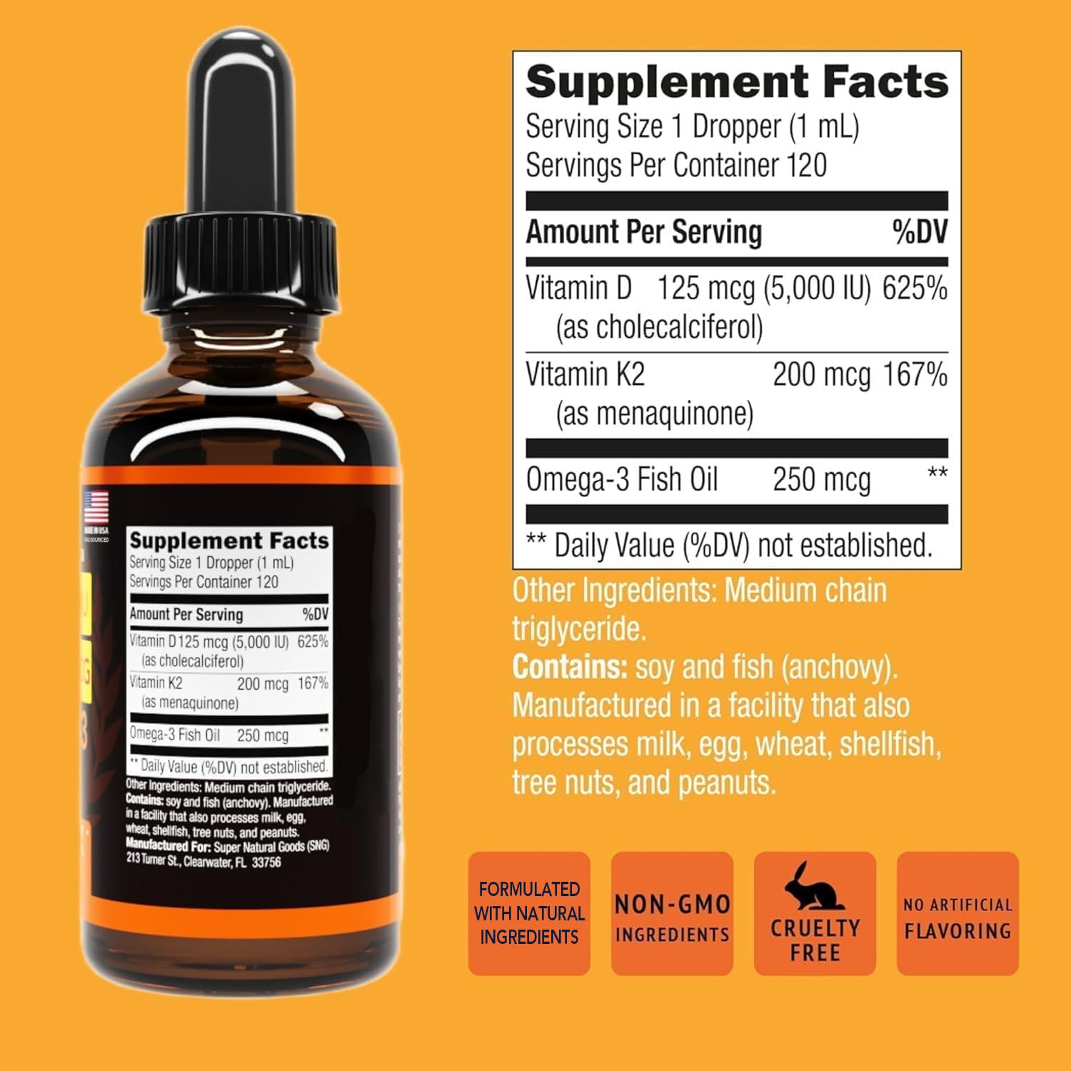 Vitamin D3 K2 Liquid Drops 5000 IU (4oz) Maximum Strength Vitamin D, K, MCT Oil & Omega 3 Bone, Heart, Joint, Muscle Support Supplement. Fast Absorption Formula. 4 in 1 Complex Formula Non-GMO