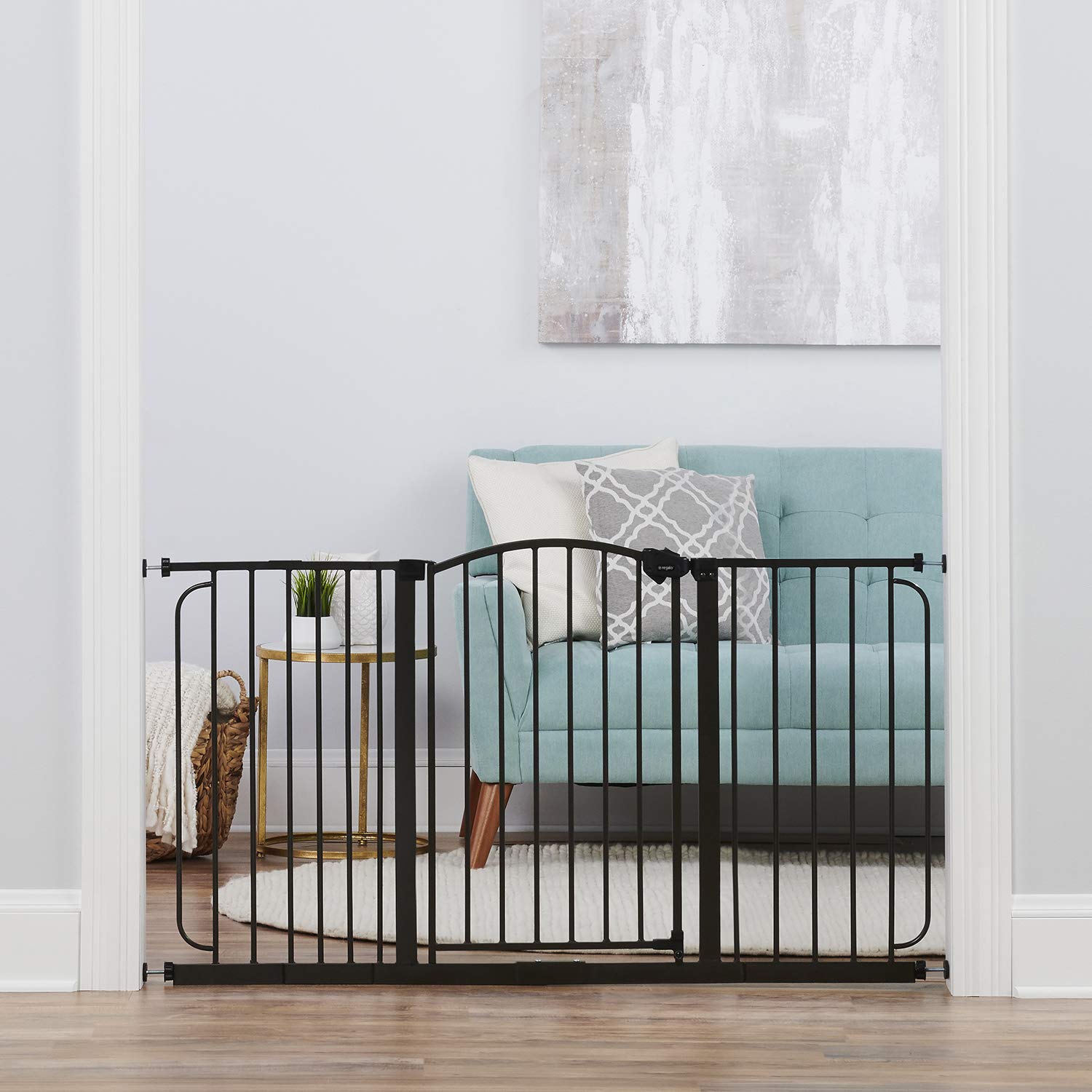 Regalo 58-Inch Home Accents Super Wide Walk Through Baby Gate, Includes 6-Inch, 8-Inch and 12-Inch Extension, 4 Pack of Pressure Mounts and 4 Pack of Wall Cups and Mounting Kit