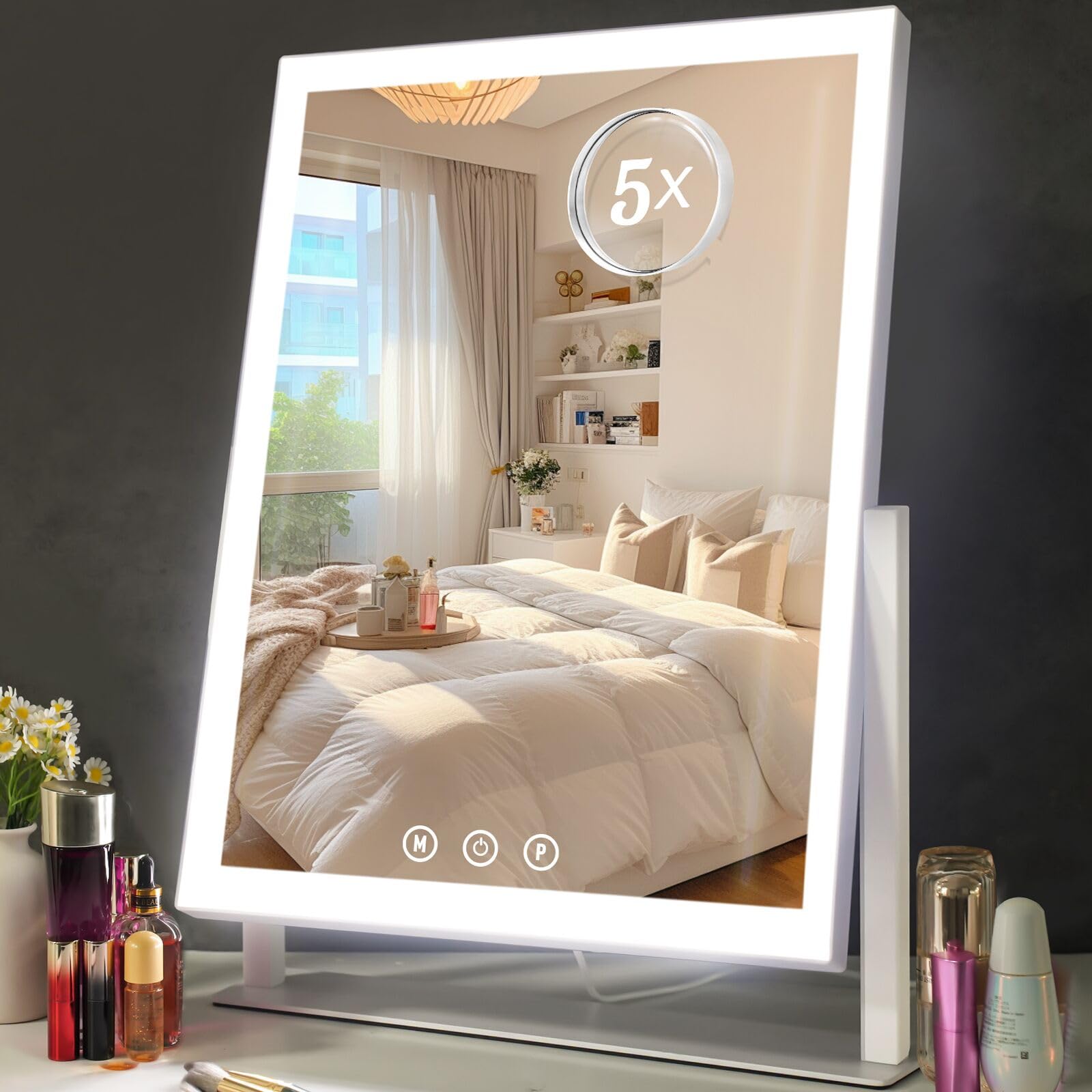 Lighted Makeup Mirror, Hollywood Vanity Mirror with 5X Magnification Mirror, 360°Rotation Touch Control, 3 Color Lighting for Desks Bedroom Dressing Room, Large