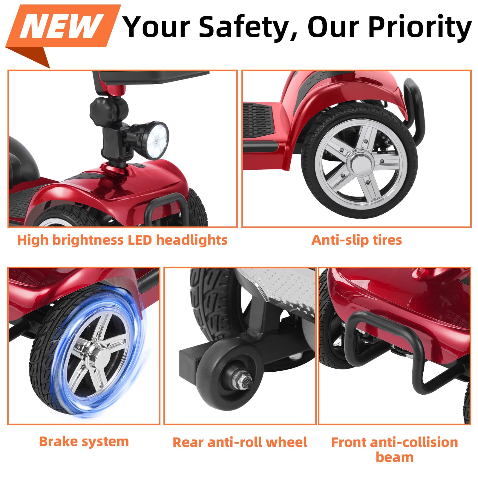 20 Miles 4 Wheels Mobility Scooter for Seniors/Adults Up to 300LBS,350W Electric Wheelchair Detachable Lithium Battery,Dual Baskets,Rotating Seat,with Taillight, USB Charging, Red 18AH